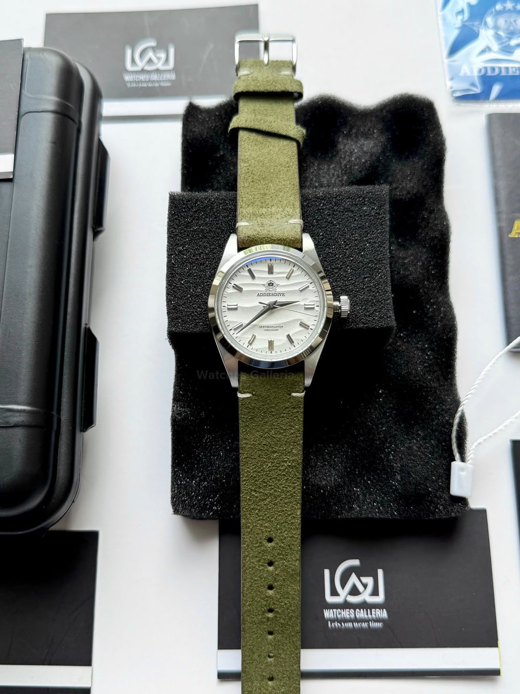 Addiesdive AD2030 Desert White Green Suede Leather Strap Unisex Watch – 36mm Classic Desert Dial, Japan VH31 Quartz Movement, Blue Anti-Glare Mineral Glass & Genuine Suede Leather Strap