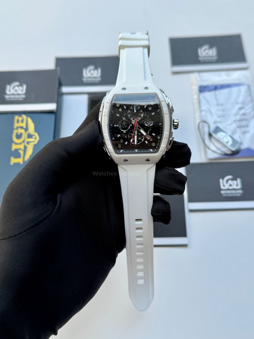 LIGE LG89148 White Tonneau Chronograph Watch in Pakistan – Luxury Men’s Quartz Watch with Silicon Strap