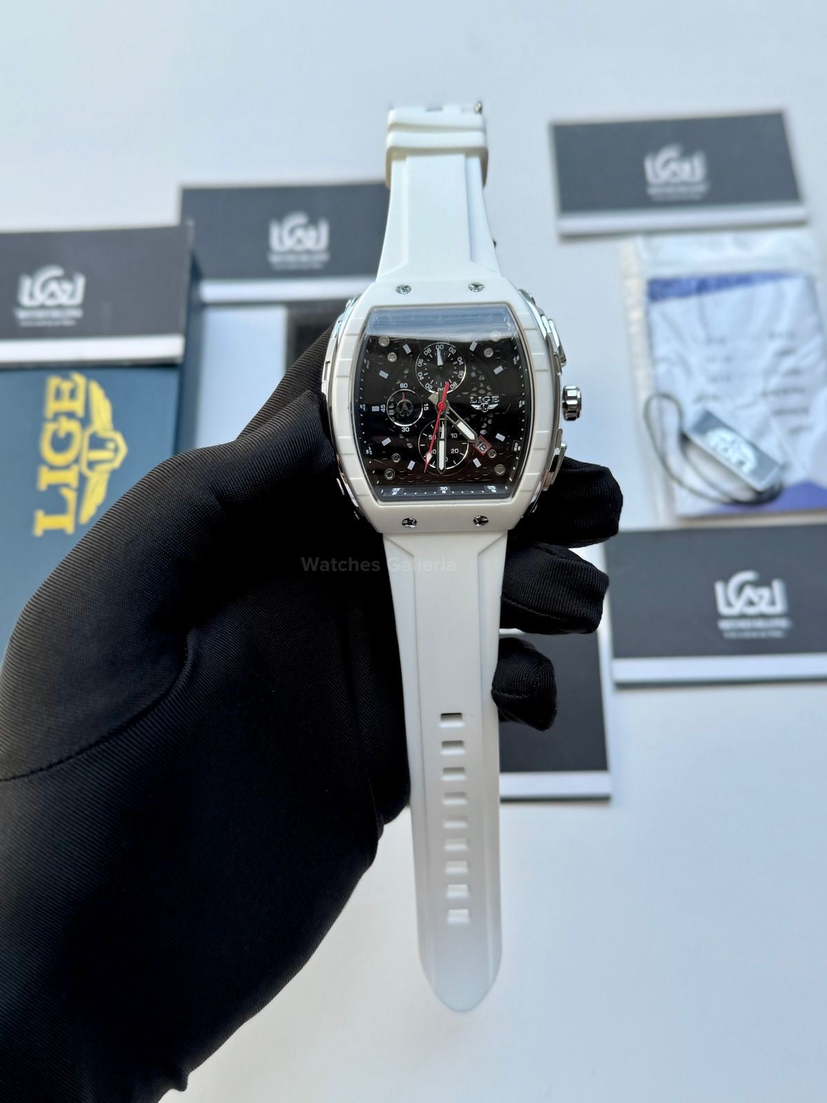 LIGE LG89148 White Tonneau Chronograph Watch in Pakistan – Luxury Men’s Quartz Watch with Silicon Strap