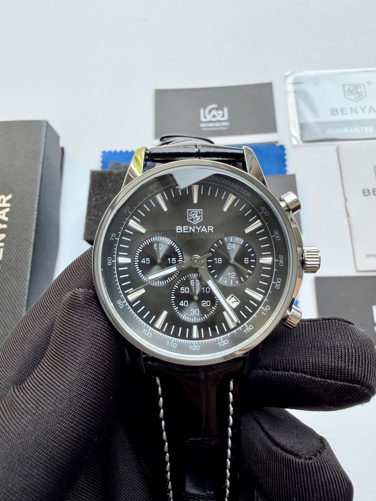 Benyar BY5213 Black Men’s Luxury Quartz Leather Strap Watch – Waterproof Stainless Steel Analog Wrist Watch with Luminous Hands | Original Benyar Pakistan | Watches Galleria