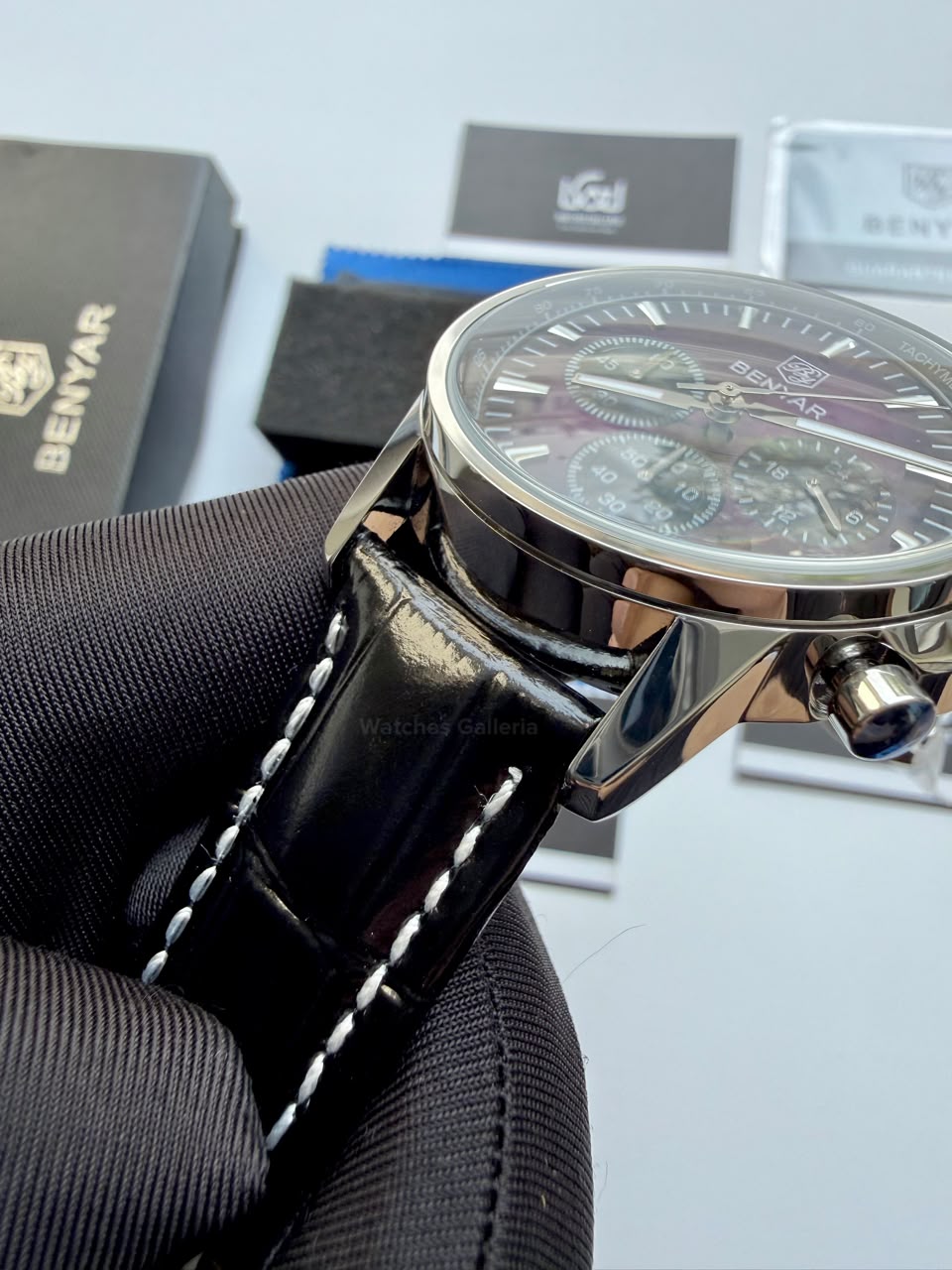 Benyar BY5213 Black Purple Men’s Luxury Quartz Leather Strap Watch – Waterproof Stainless Steel Analog Wrist Watch with Luminous Hands | Original Benyar Pakistan | Watches Galleria