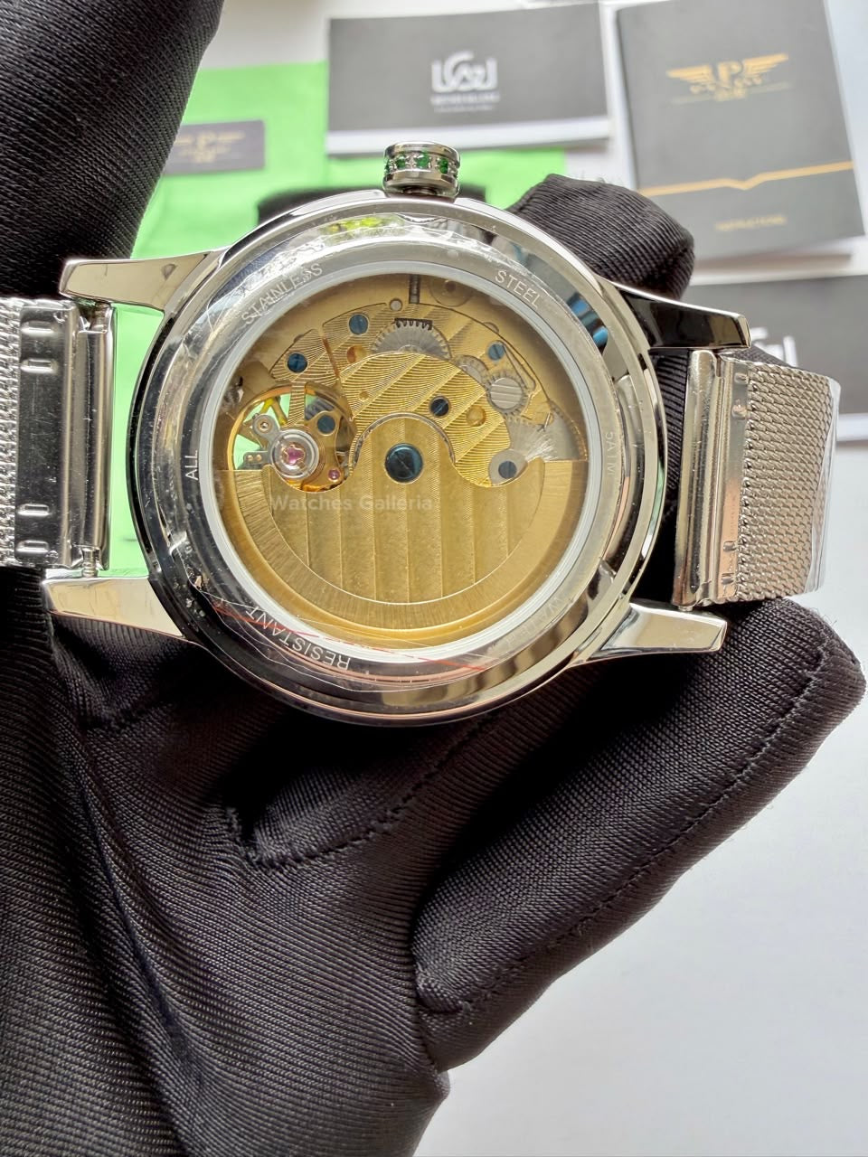 Pindu 5037 Green/Mesh Strap LeatherDiamonds Hand Encrusted Diamond Automatic Tourbillon Watch for Men | Luxury Mechanical Watch | 43mm Stainless Steel Case