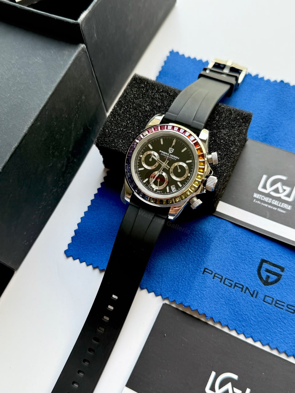 Pagani Design PD1644 Daytona Rainbow Jubilee Limited Edition Chronograph Watch PD1644LE | 40mm Sapphire Crystal, Seiko VK63 Quartz, Complete Calendar & Rainbow Stones Bezel
