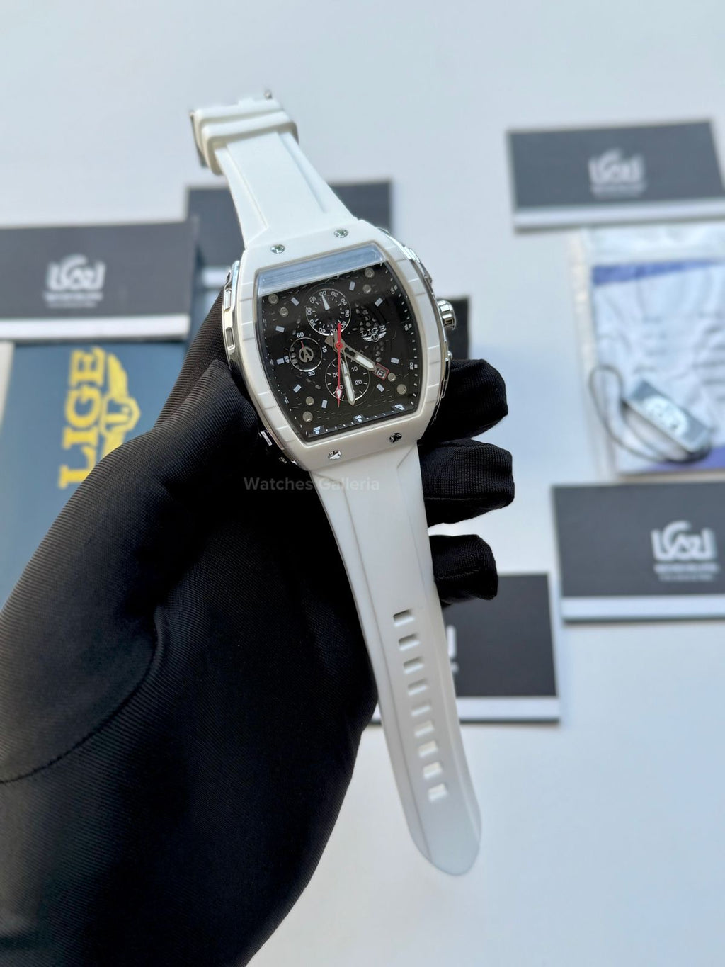 LIGE LG89148 White Tonneau Chronograph Watch in Pakistan – Luxury Men’s Quartz Watch with Silicon Strap