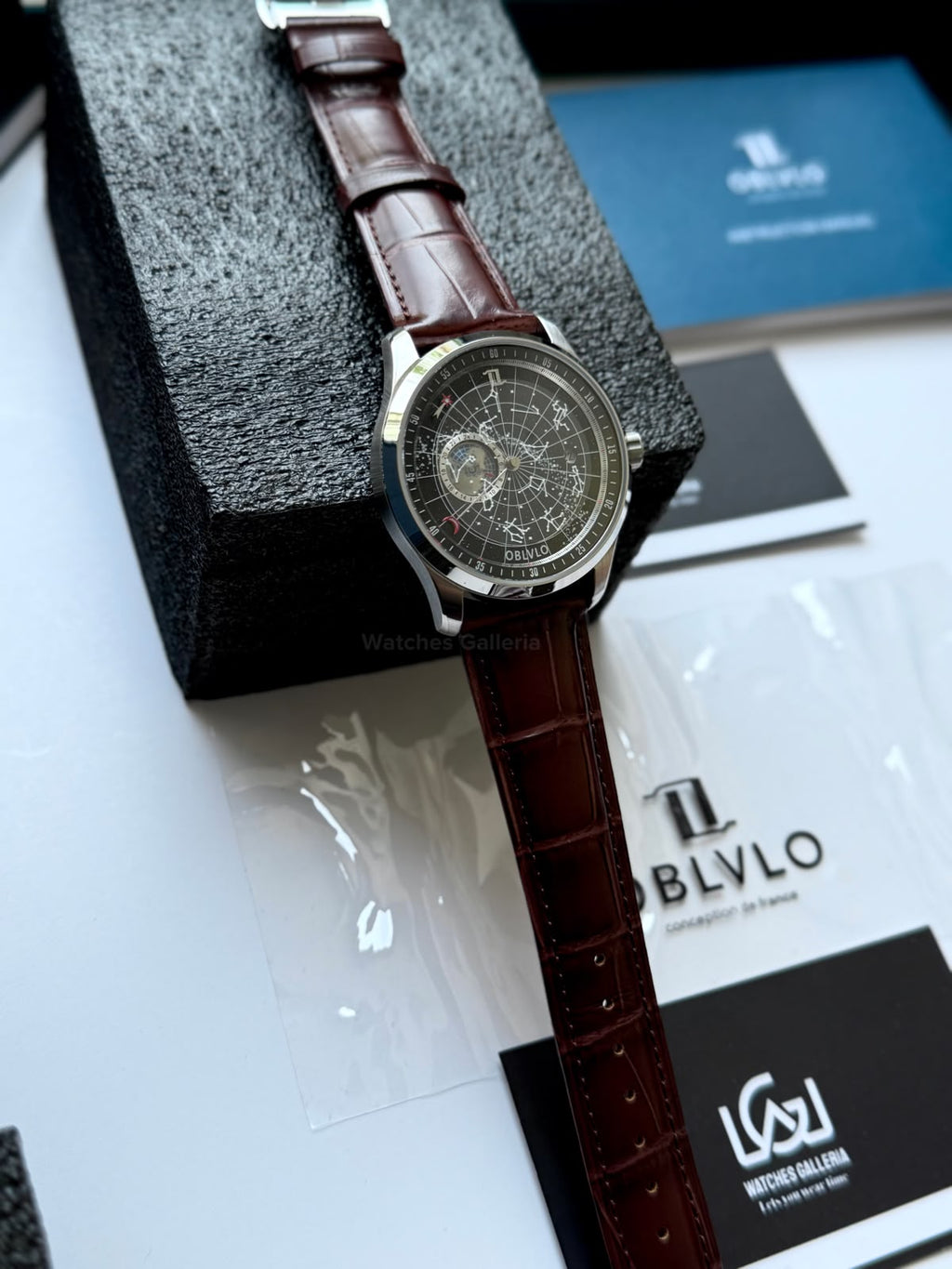 OBLVLO GC (Brown Silver Black) Grand Complications Celestial Automatic Watch Brown & Black Dial with Rose Gold Details, Moving Constellation & Earth Display – OBLVLOGC | Oblvlo