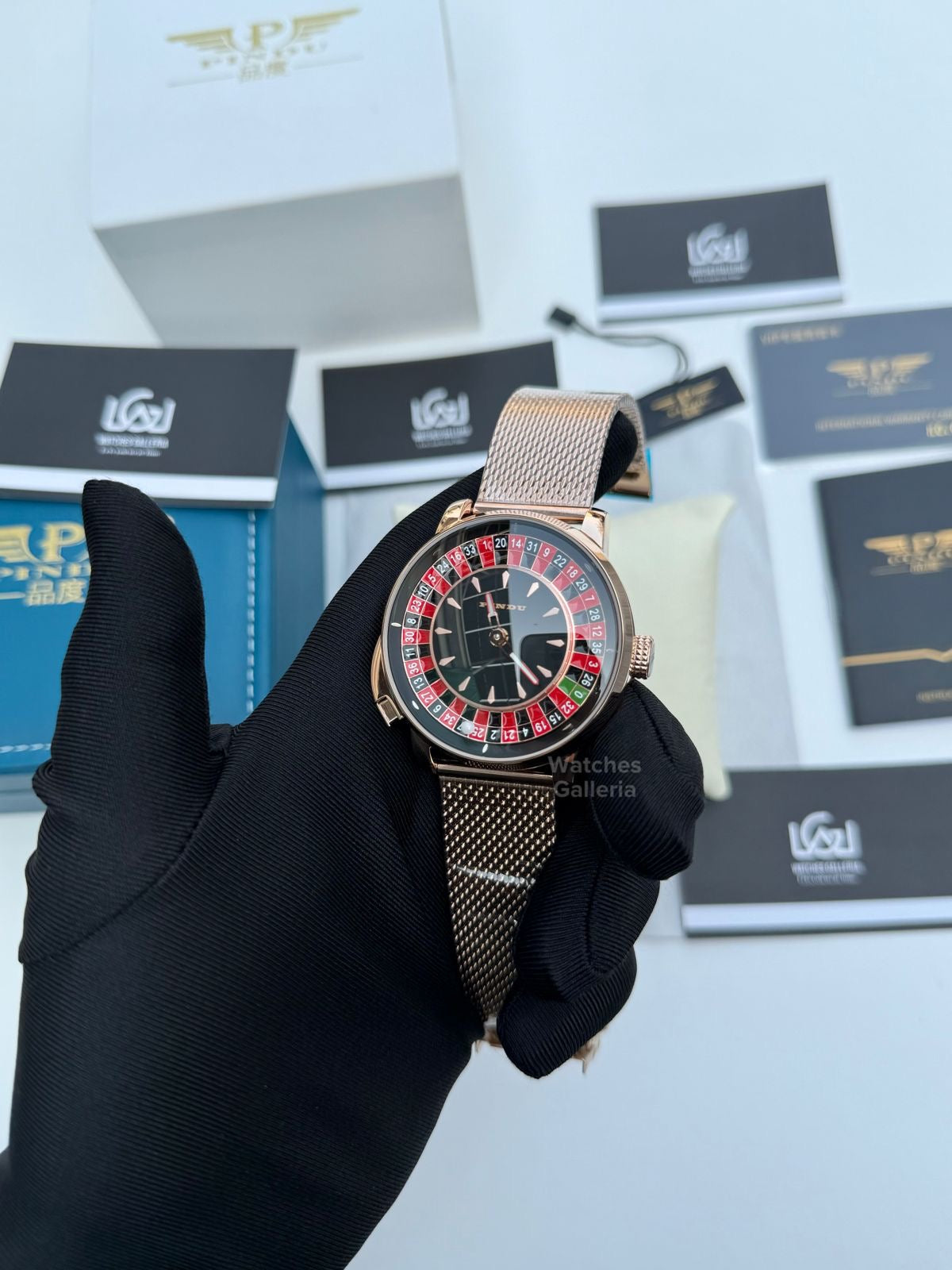 Pindu Design Casino Tourbillon Roulette Button Automatic (Gold Mesh Bracelet) P6628 Watches Galleria