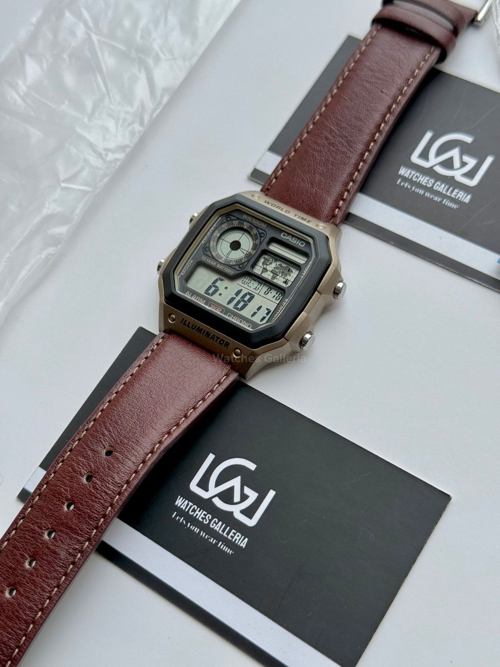 Casio AE-1200WHL-5AVDF World Time Digital Watch Brown Leather Strap 100M Water Resistant – 10 Year Battery