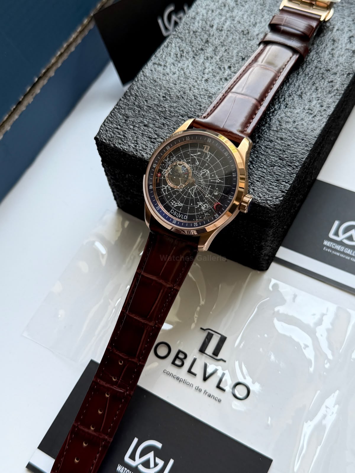 OBLVLO GC (Brown Rose Gold Blue) Grand Complications Celestial Automatic Watch Brown & Black Dial with Rose Gold Details, Moving Constellation & Earth Display – OBLVLOGC | Oblvlo