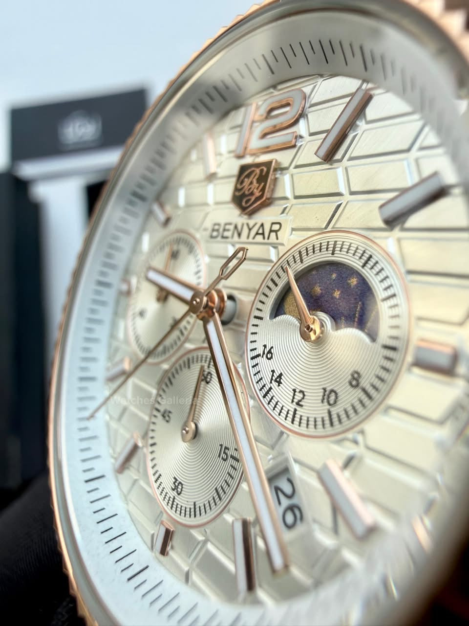 Benyar BY5225 Land Dweller Chronograph (White-Rose Gold) Dial Luxury Men’s Watch in Pakistan – Japanese Quartz Stainless Steel Watch