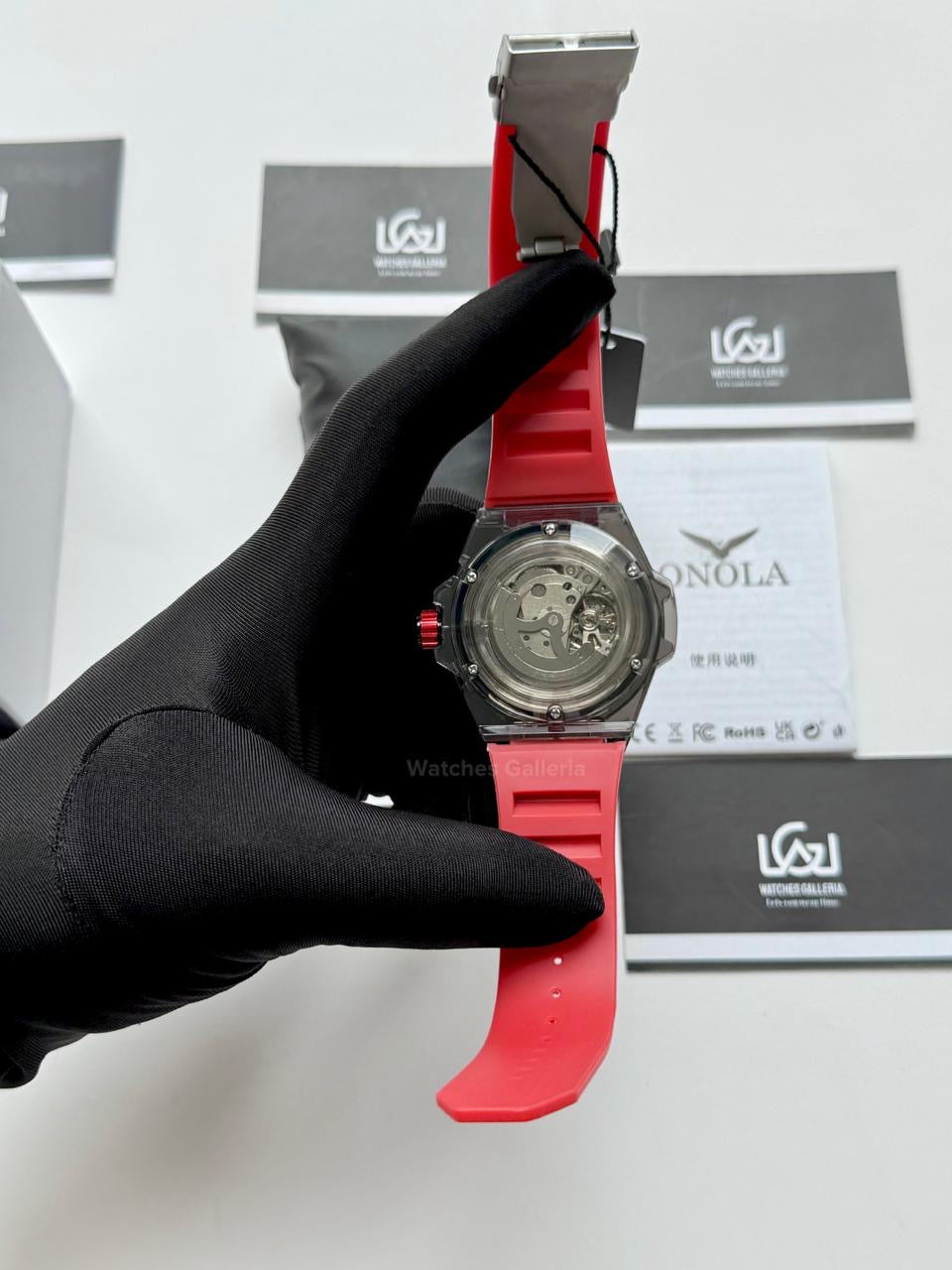Onola ON3836 Oak Skeleton Red Black Automatic Watch – 49mm Transparent Dial, Bold Sport Design, Pakistan Edition