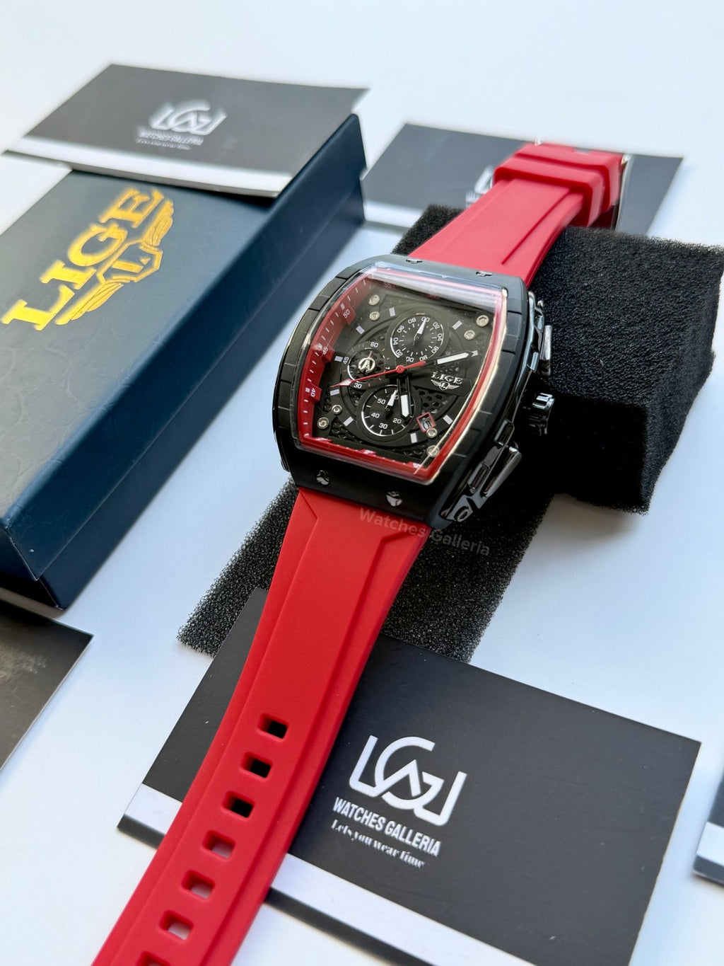 LIGE LG89148 Red Tonneau Chronograph Watch in Pakistan – Luxury Men’s Quartz Watch with Silicon Strap