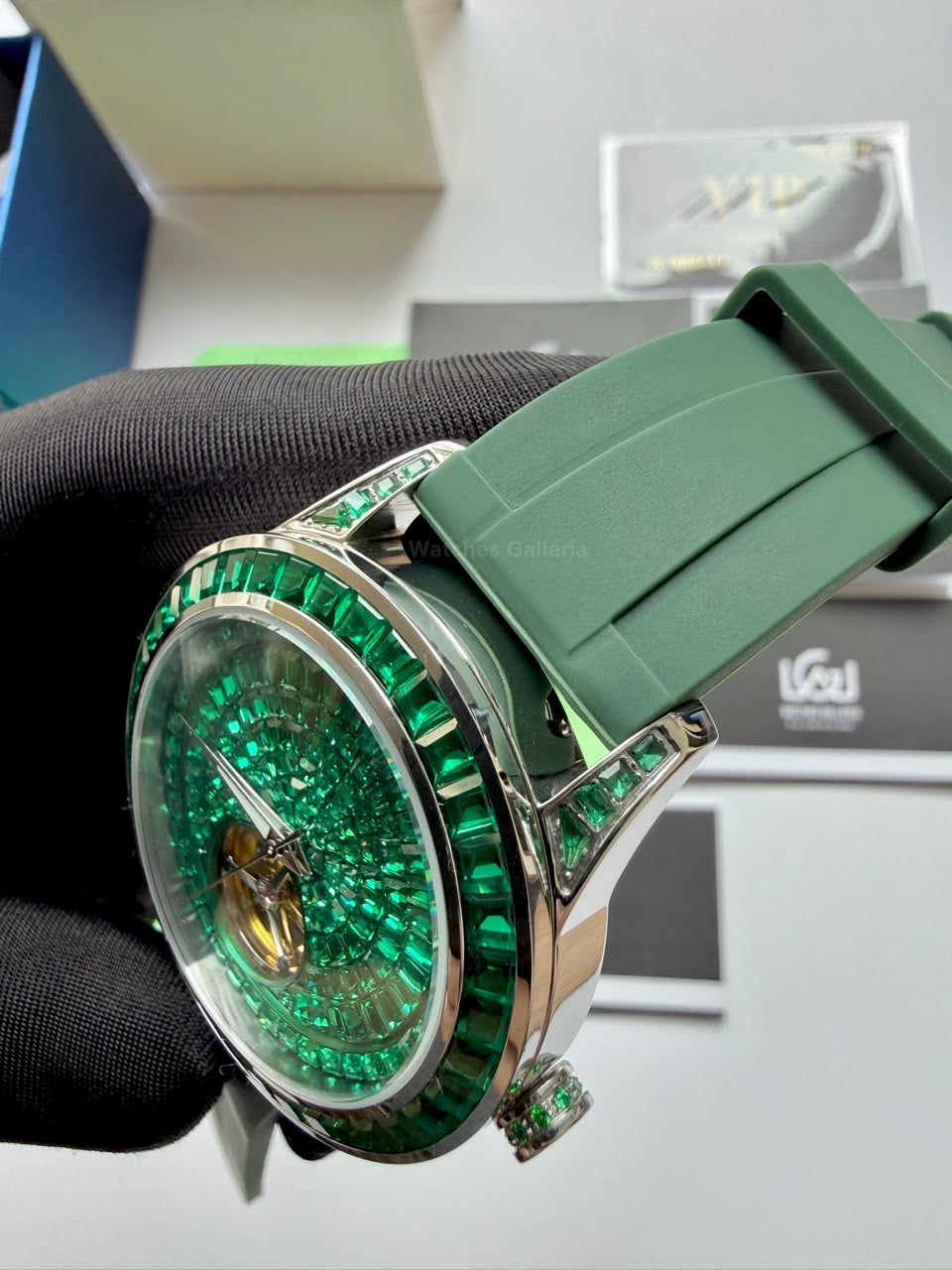 Pindu 5037 Green/Green Silicon LeatherDiamonds Hand Encrusted Diamond Automatic Tourbillon Watch for Men | Luxury Mechanical Watch | 43mm Stainless Steel Case