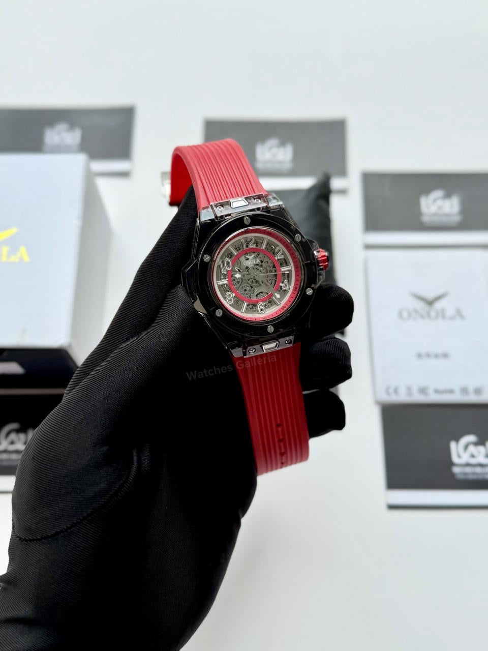 Onola ON3836 Oak Skeleton Red Black Automatic Watch – 49mm Transparent Dial, Bold Sport Design, Pakistan Edition