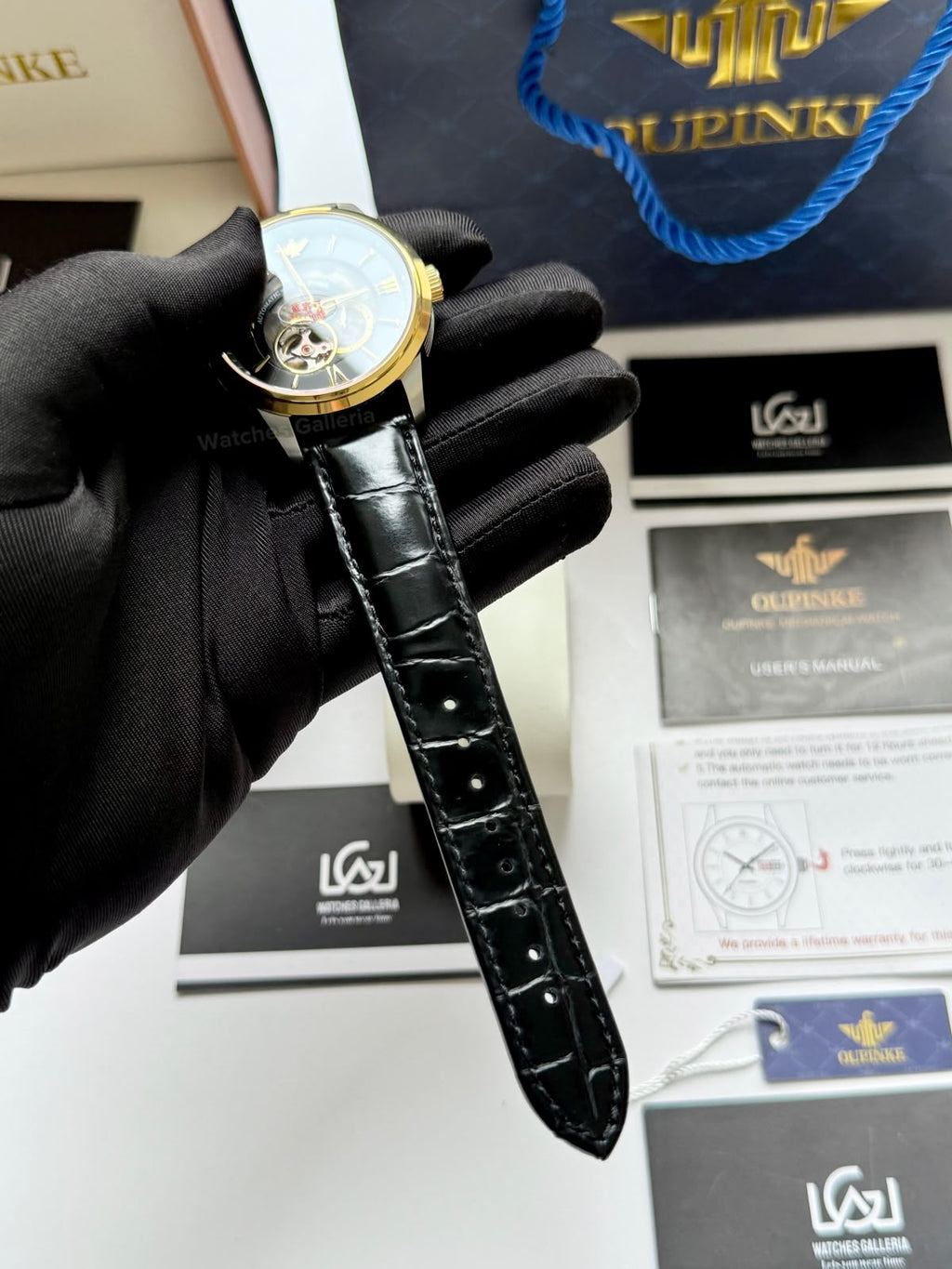 Oupinke G3190 (Black Leather) Open Heart Automatic Watch with Miyota 8215 Japanese Movement, Sapphire Crystal, Luminous Dial & Black Leather Strap