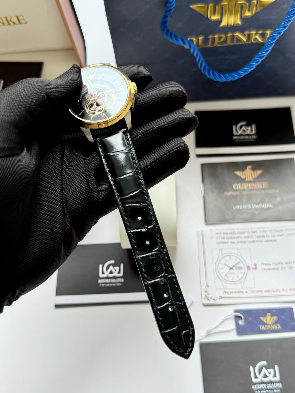 Oupinke G3190 (Black Leather) Open Heart Automatic Watch with Miyota 8215 Japanese Movement, Sapphire Crystal, Luminous Dial & Black Leather Strap