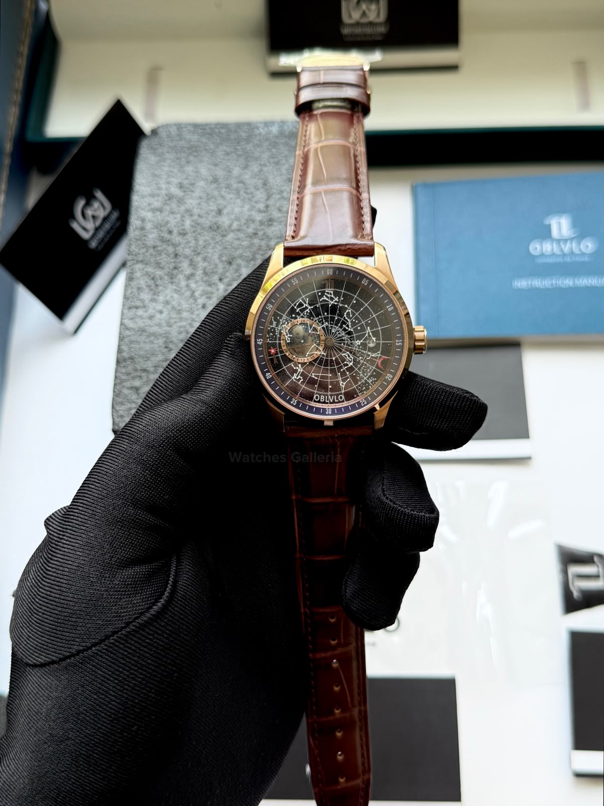 OBLVLO GC (Brown Rose Gold Blue) Grand Complications Celestial Automatic Watch Brown & Black Dial with Rose Gold Details, Moving Constellation & Earth Display – OBLVLOGC | Oblvlo