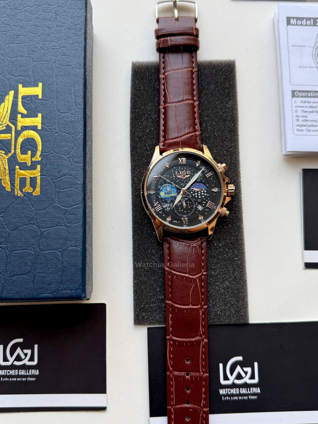 Lige Watch LG89107 Moonphase Chronograph (Brown/Black/Gold) Lige Watch in Pakistan