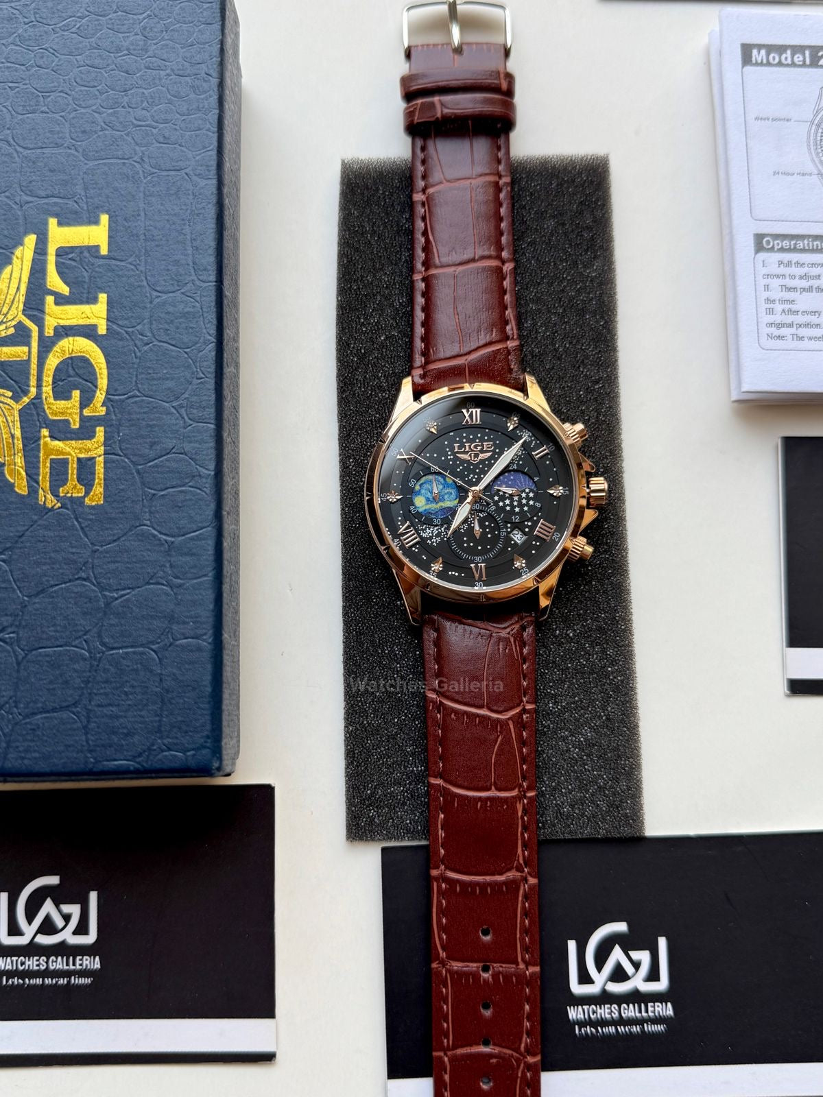 Lige Watch LG89107 Moonphase Chronograph (Brown/Black/Gold) Lige Watch in Pakistan