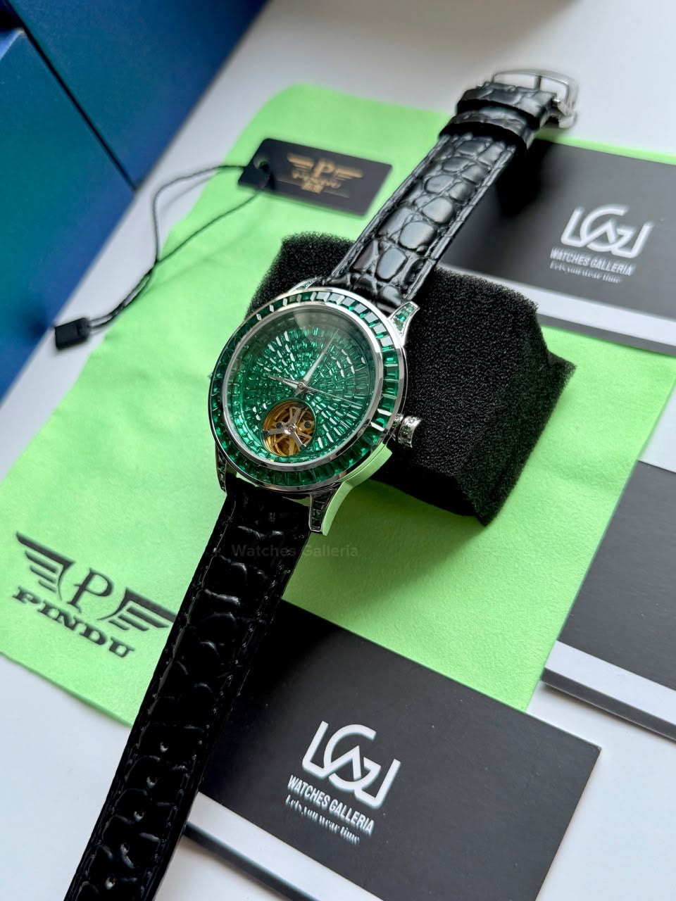 Pindu 5037 Green/Black LeatherDiamonds Hand Encrusted Diamond Automatic Tourbillon Watch for Men | Luxury Mechanical Watch | 43mm Stainless Steel Case