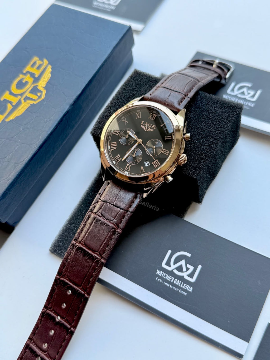 Lige 9852 Chronograph Watch for Men Brown Rose Gold Leather Strap Original Lige Watch in Pakistan