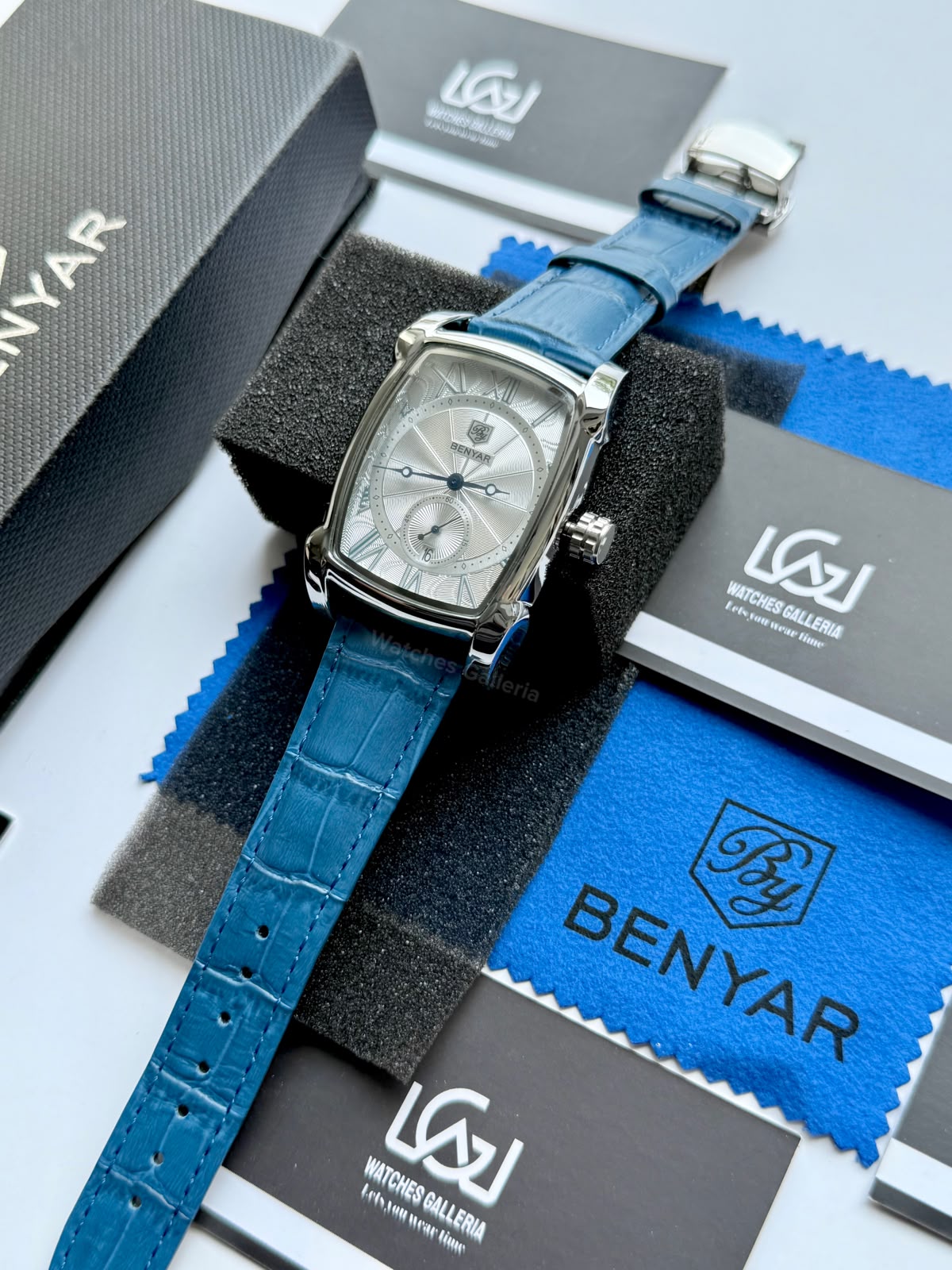 Benyar BY5114 Square Tank Watch | Blue Silver White | Roman Numeral Dial Master Lock Quartz Date Calendar Leather Strap