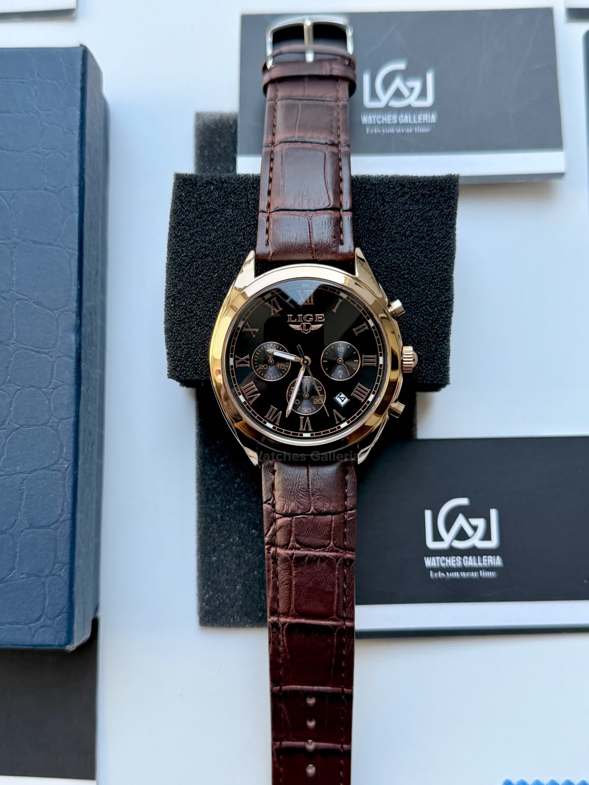 Lige 9852 Chronograph Watch for Men Brown Rose Gold Leather Strap Original Lige Watch in Pakistan