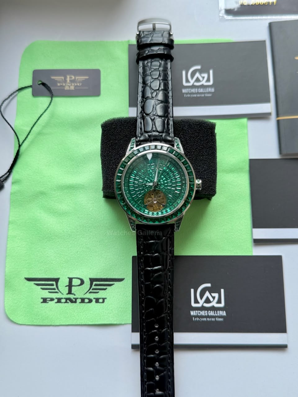 Pindu 5037 Green/Black LeatherDiamonds Hand Encrusted Diamond Automatic Tourbillon Watch for Men | Luxury Mechanical Watch | 43mm Stainless Steel Case