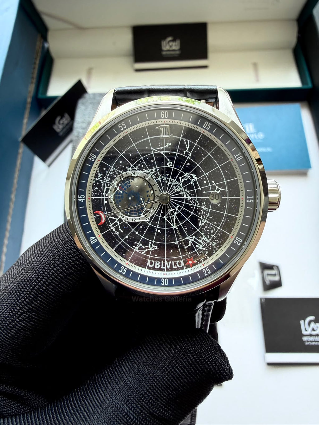 OBLVLO GC (Black Blue Silver) Grand Complications Celestial Automatic Watch Brown & Black Dial with Rose Gold Details, Moving Constellation & Earth Display – OBLVLOGC | Oblvlo