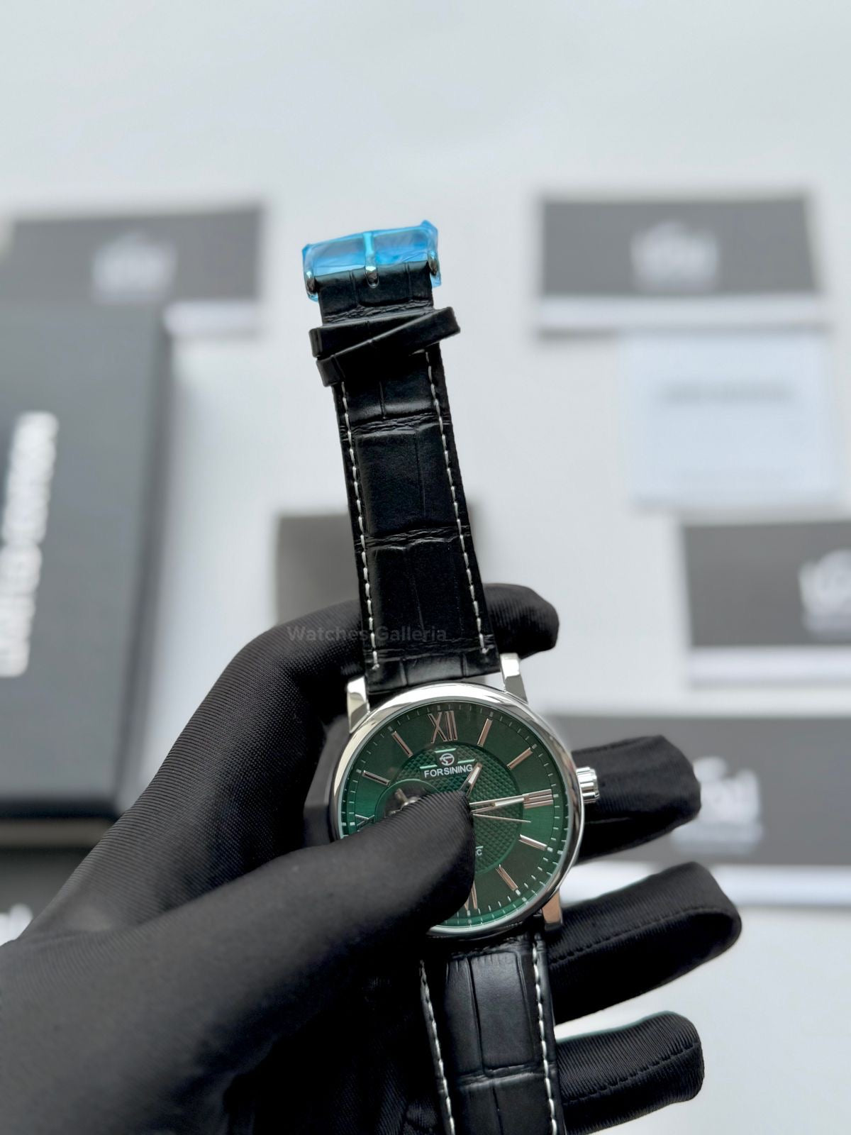 Forsining FS112 Classic Skeleton Automatic Watch – Green Dial | Leather Strap Mechanical Wristwatch for Men