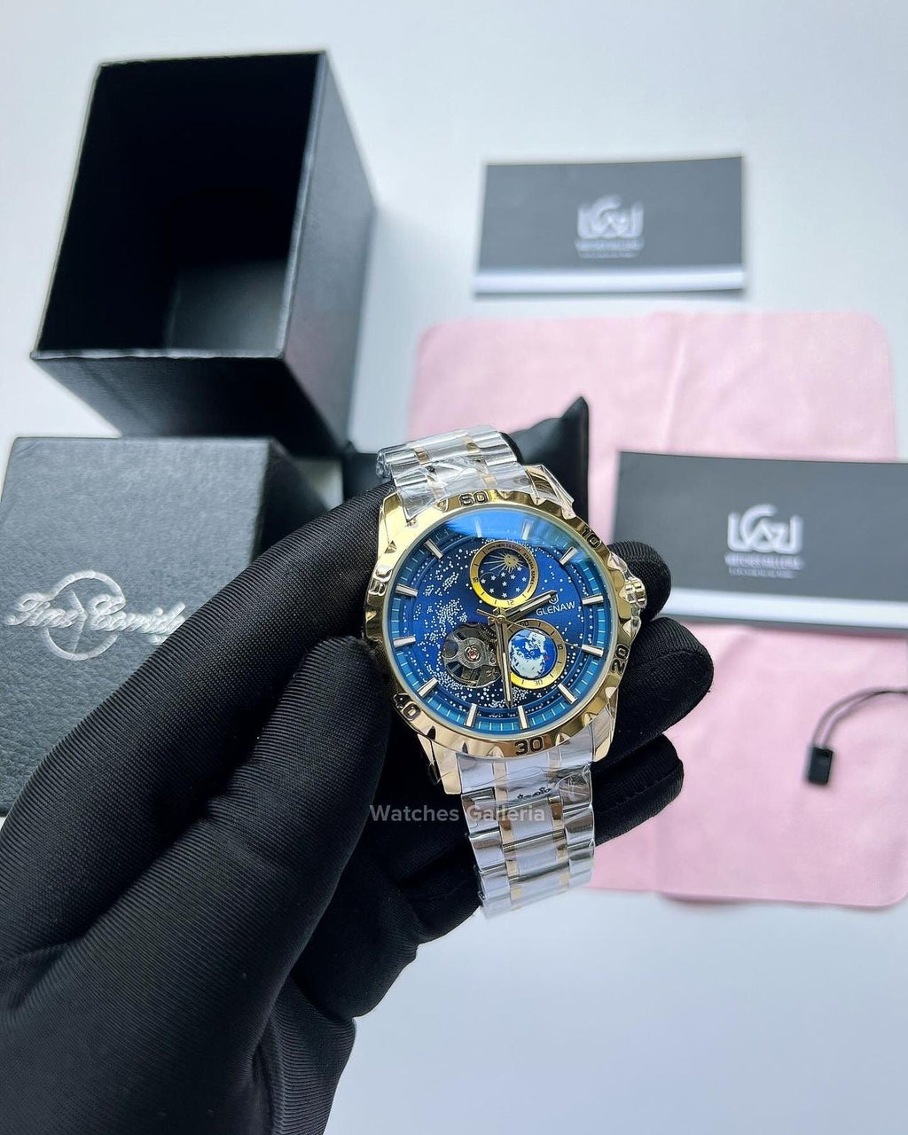 Glenaw Automatic Open Heart & Earth Rotating (Silver/Gold) GL8950 Watches Galleria