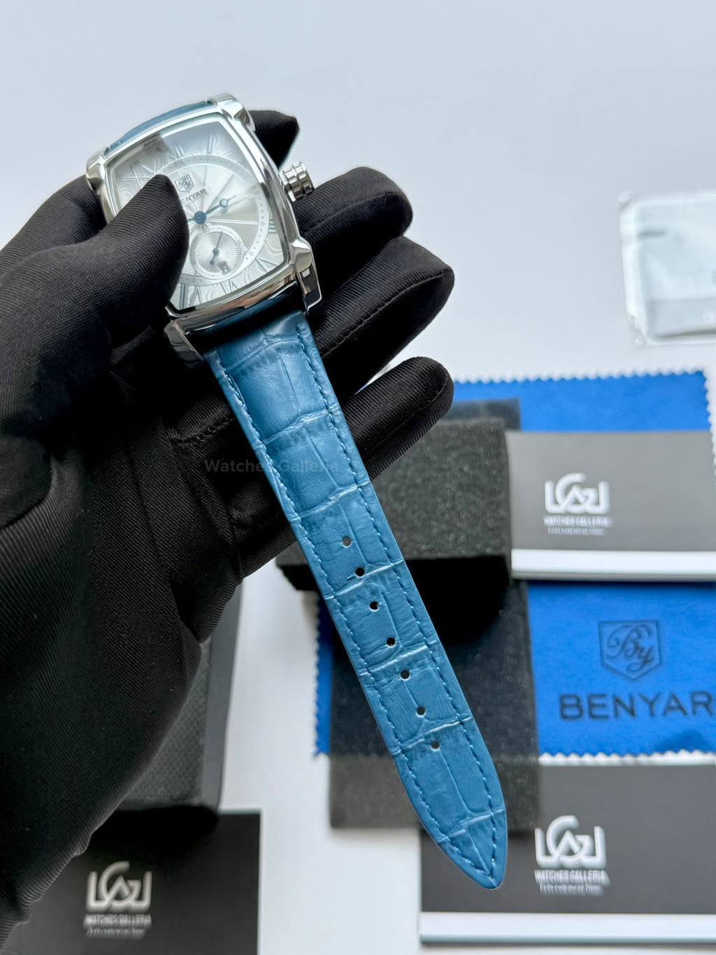 Benyar BY5114 Square Tank Watch | Blue Silver White | Roman Numeral Dial Master Lock Quartz Date Calendar Leather Strap