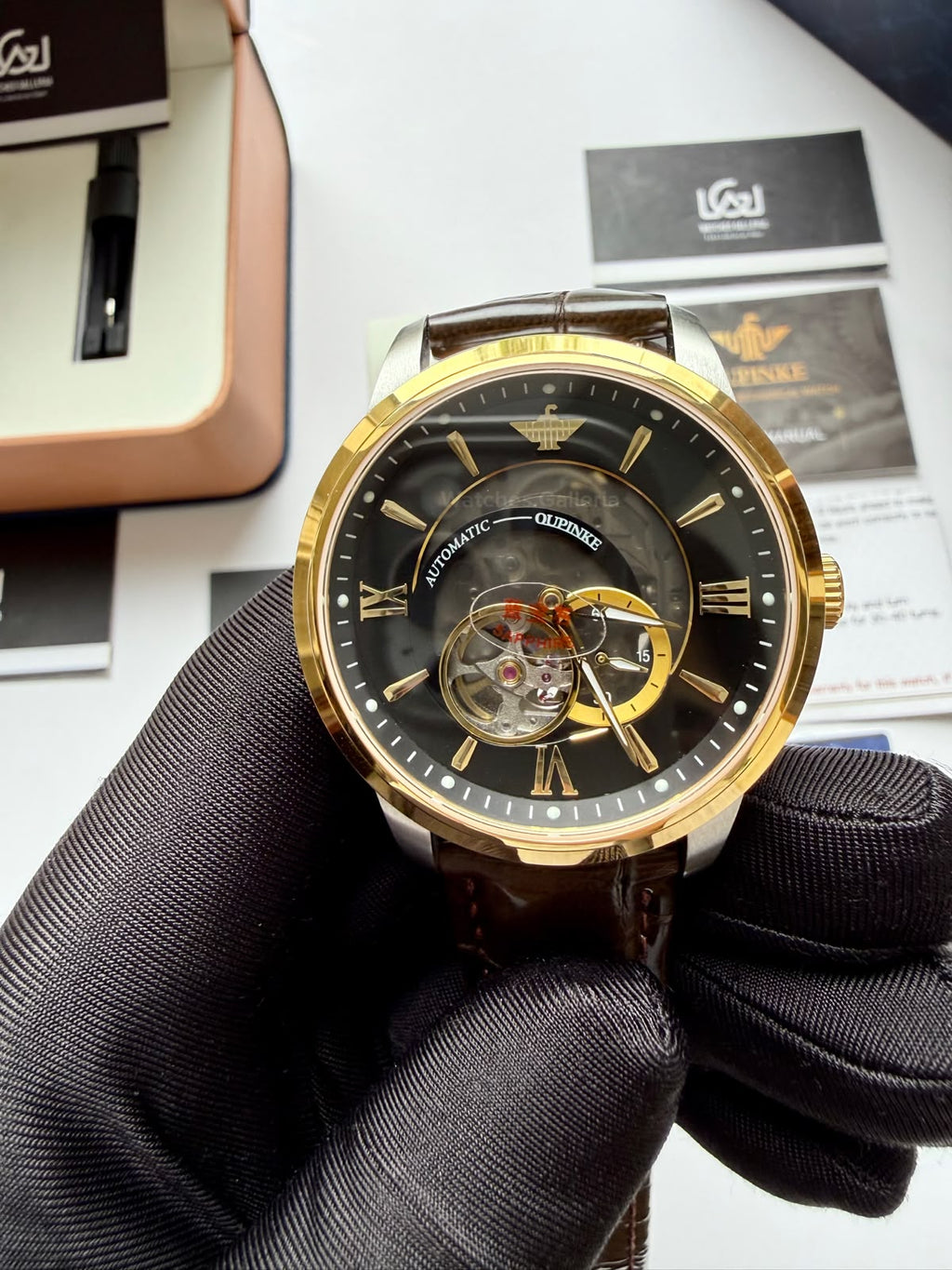 Oupinke G3190 (Brown Leather) Open Heart Automatic Watch with Miyota 8215 Japanese Movement, Sapphire Crystal, Luminous Dial & Black Leather Strap