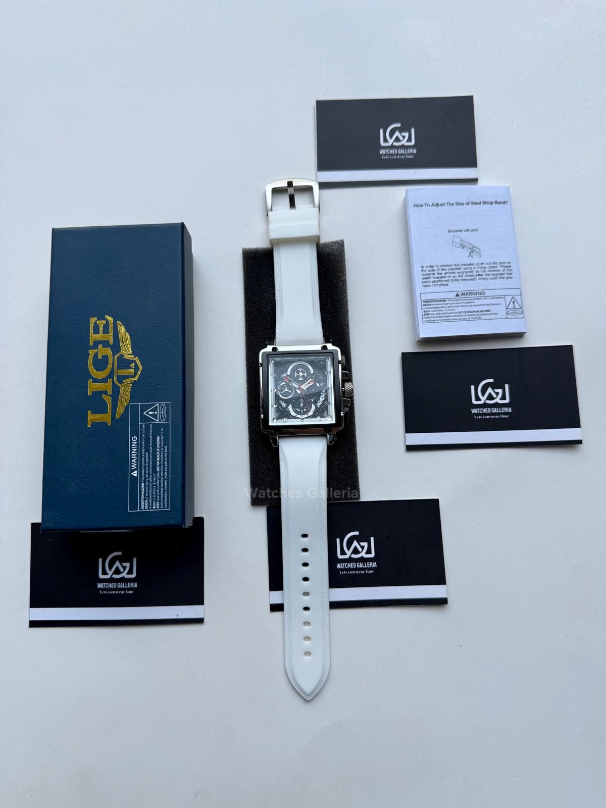 Lige Watch LG8935 Square Chronograph (Silver/White) Lige Watch Pakistan