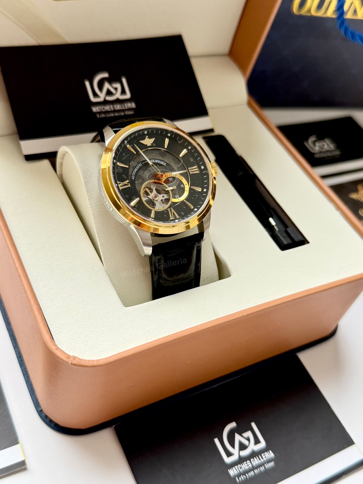Oupinke G3190 (Black Leather) Open Heart Automatic Watch with Miyota 8215 Japanese Movement, Sapphire Crystal, Luminous Dial & Black Leather Strap