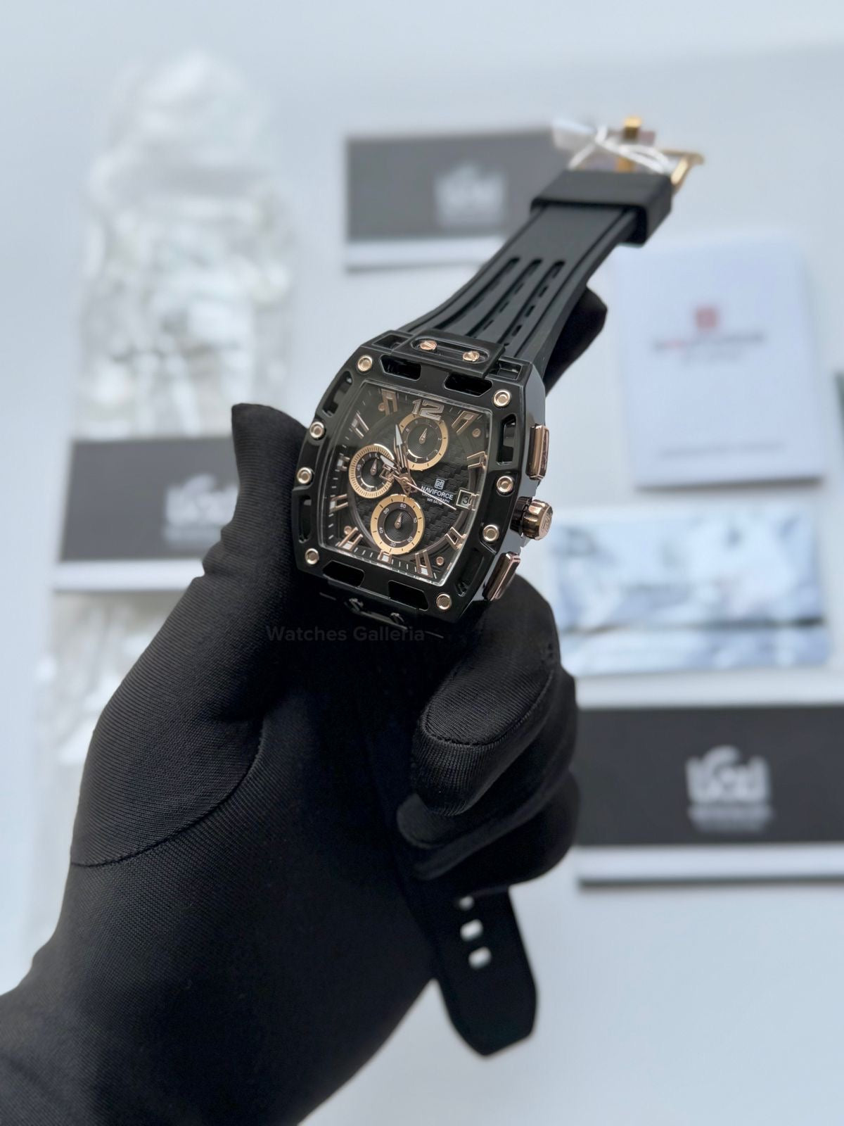 Naviforce NF7105 Tonneau (Black/Rose Gold) Naviforce Watch Pakistan