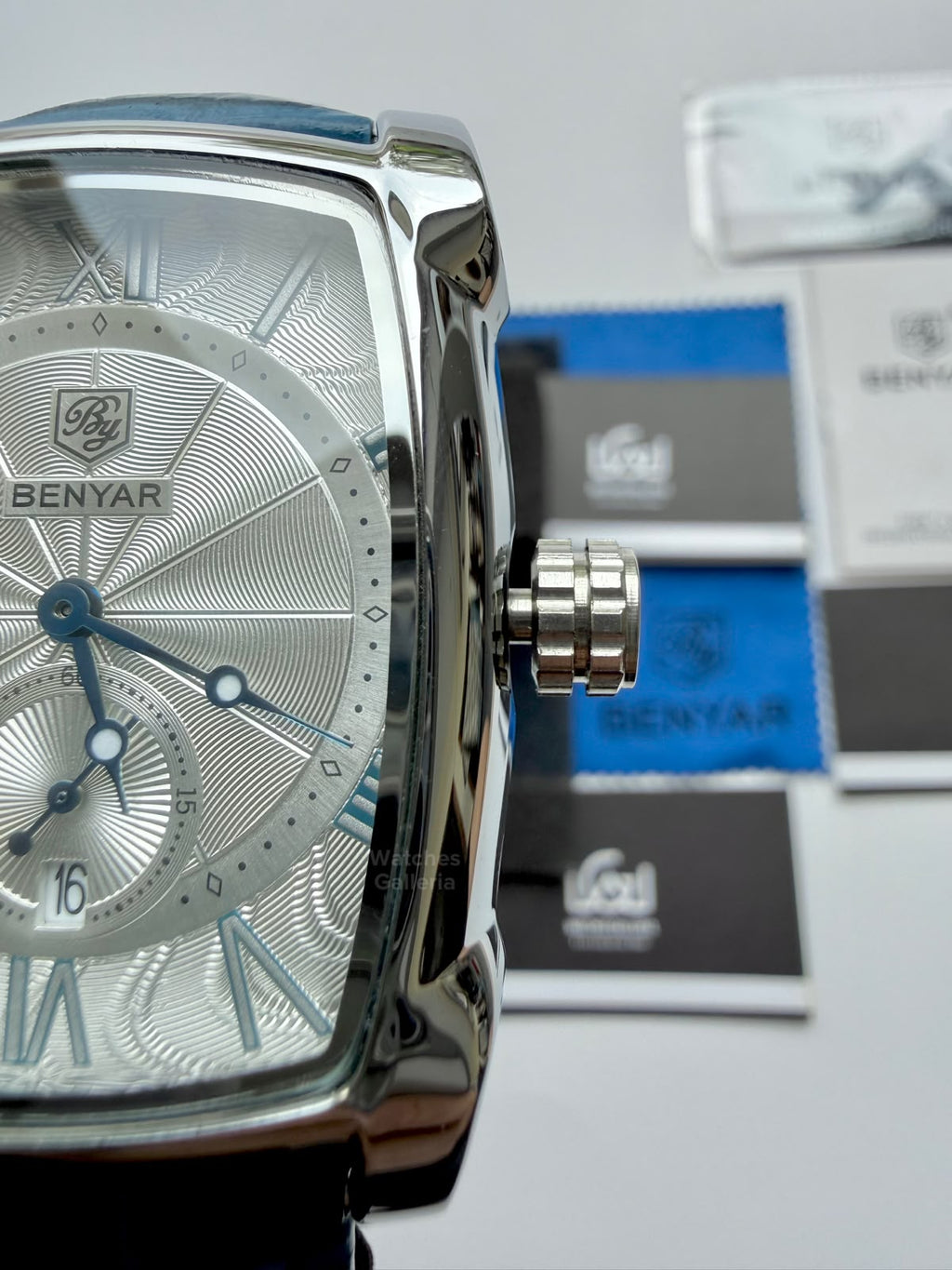 Benyar BY5114 Square Tank Watch | Blue Silver White | Roman Numeral Dial Master Lock Quartz Date Calendar Leather Strap