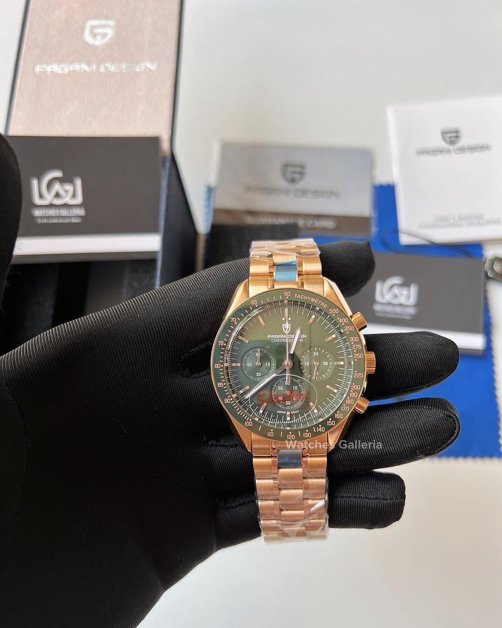 Pagani Design SpeedMaster MoonWatch Quartz (R.Gold/Green) PD1701 “DISCONTINUED”
