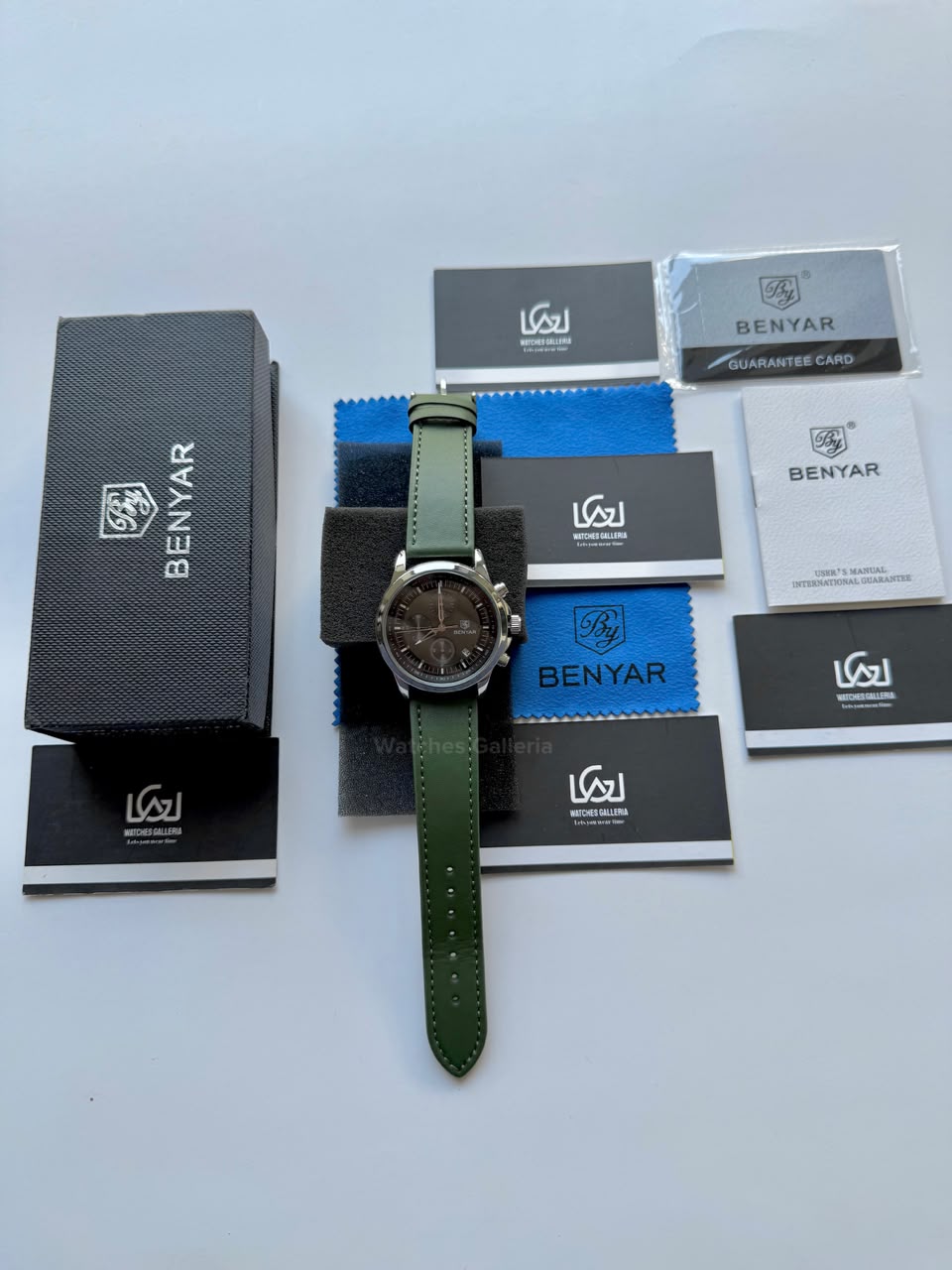 Benyar BY5210 (Grey Green) Pilot Chronograph Green Dial Stainless Steel Watch – 42mm Quartz Chronograph with Date, Complete Calendar & Stopwatch