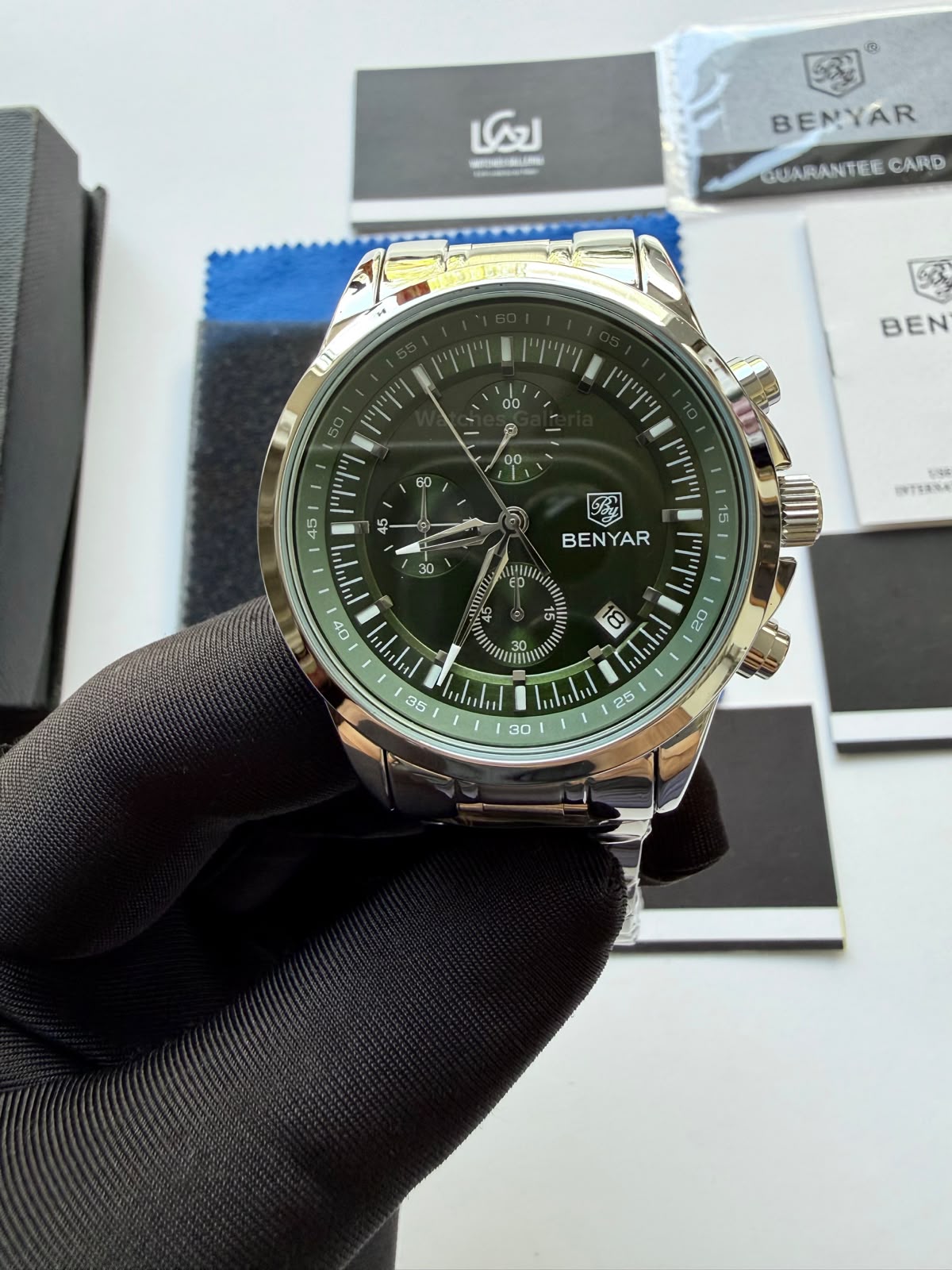 Benyar BY5210 (Green SS) Pilot Chronograph Green Dial Stainless Steel Watch – 42mm Quartz Chronograph with Date, Complete Calendar & Stopwatch