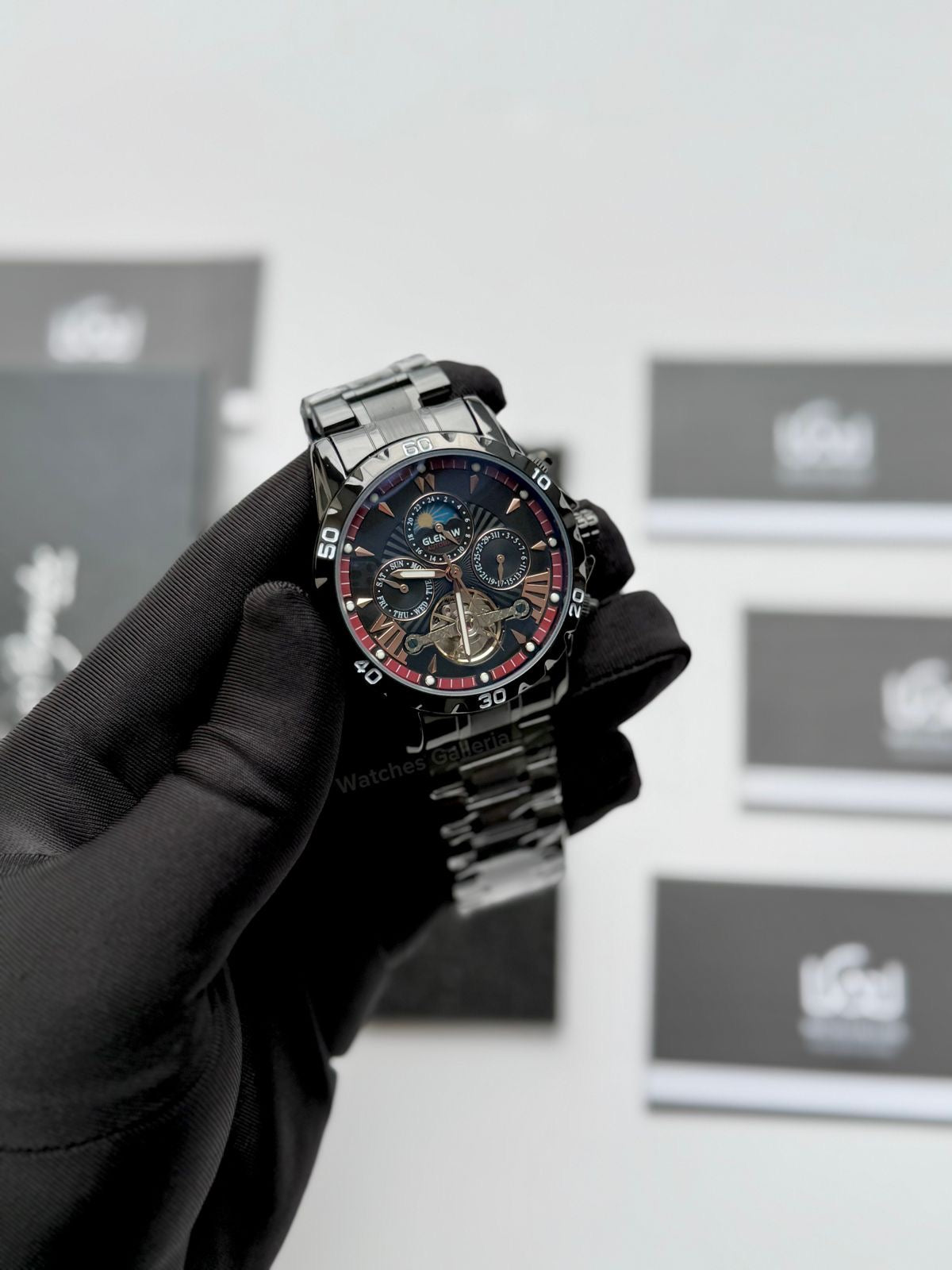 Glenaw GL8919B Moonphase Flywheel Automatic Watch – Black Blue Dial | Luxury Automatic Wristwatch for Men | Glenaw Watches Pakistan