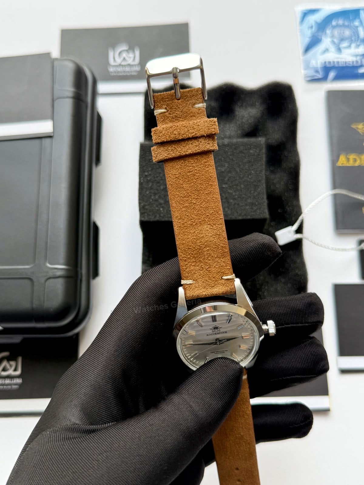 Addiesdive AD2030 Desert White with Khaki Suede Leather Strap Unisex Watch – 36mm Classic Desert Dial, Japan VH31 Quartz Movement, Blue Anti-Glare Mineral Glass & Genuine Suede Leather Strap
