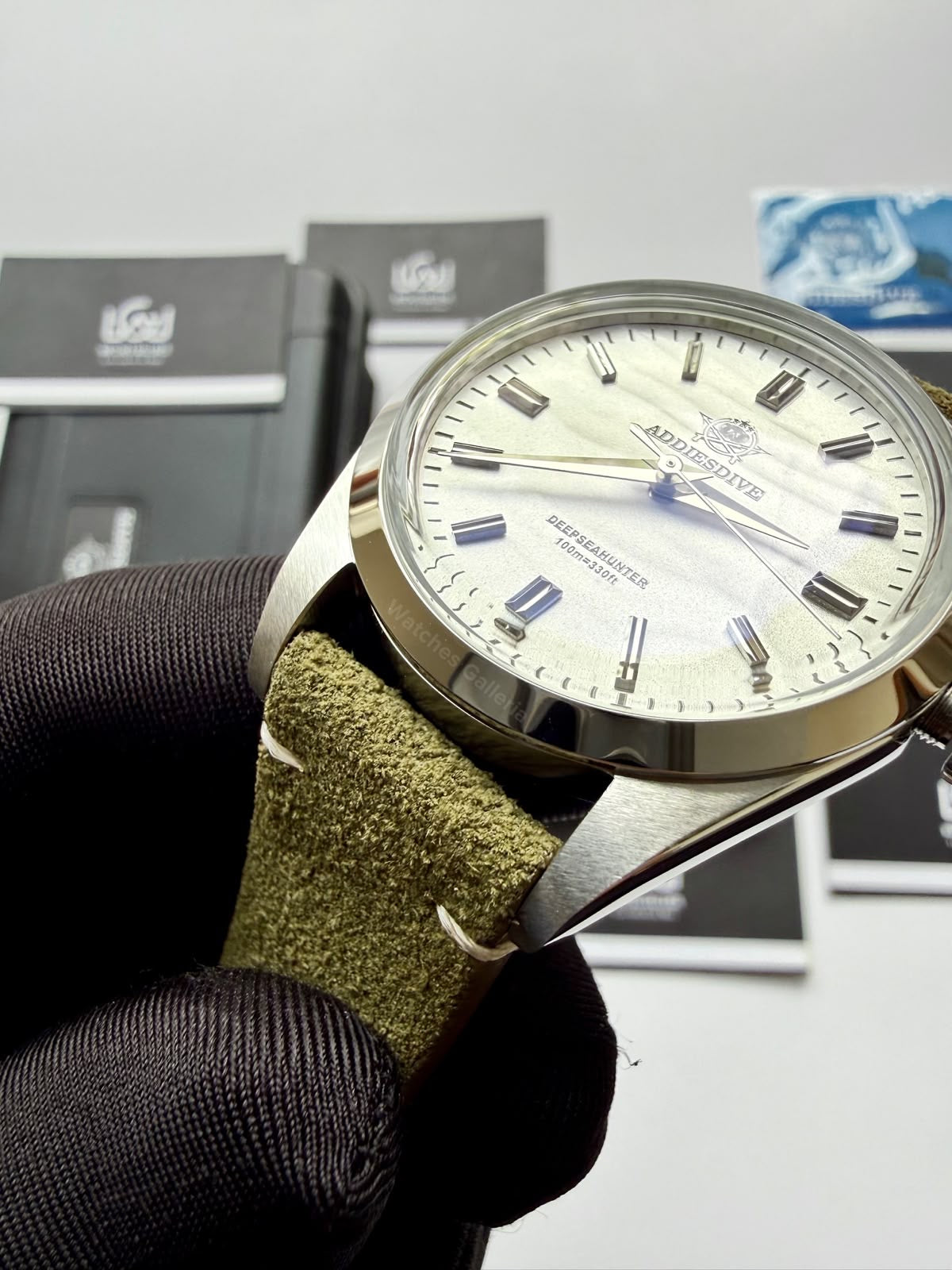 Addiesdive AD2030 Desert White Green Suede Leather Strap Unisex Watch – 36mm Classic Desert Dial, Japan VH31 Quartz Movement, Blue Anti-Glare Mineral Glass & Genuine Suede Leather Strap