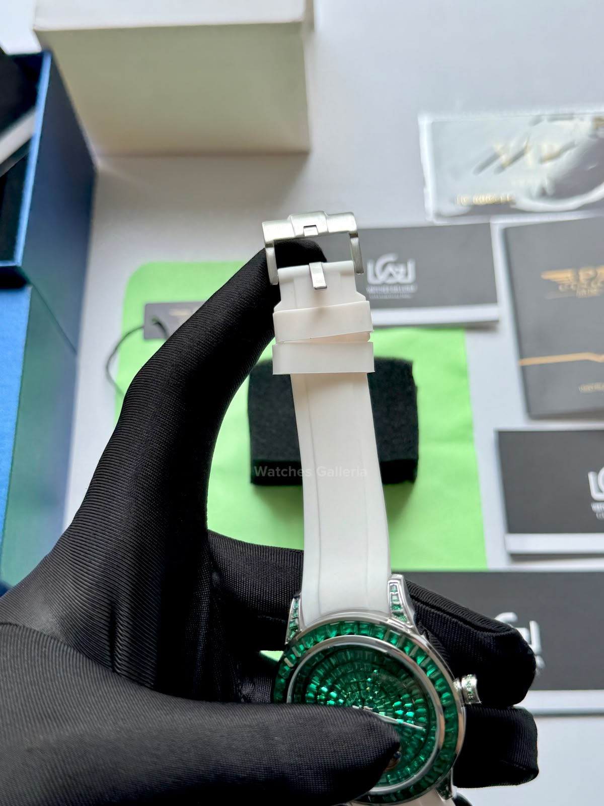 Pindu 5037 White/Green Diamonds Hand Encrusted Diamond Automatic Tourbillon Watch for Men | Luxury Mechanical Watch | 43mm Stainless Steel Case