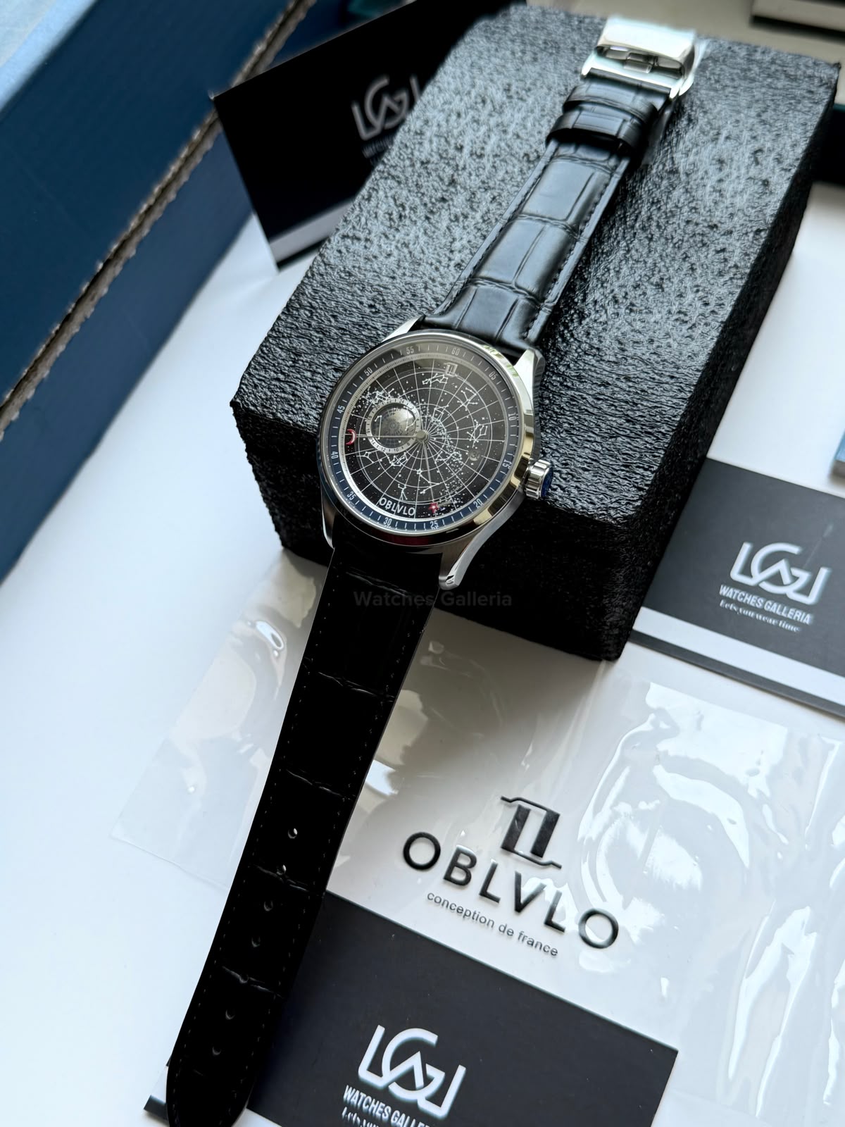 OBLVLO GC (Black Blue Silver) Grand Complications Celestial Automatic Watch Brown & Black Dial with Rose Gold Details, Moving Constellation & Earth Display – OBLVLOGC | Oblvlo