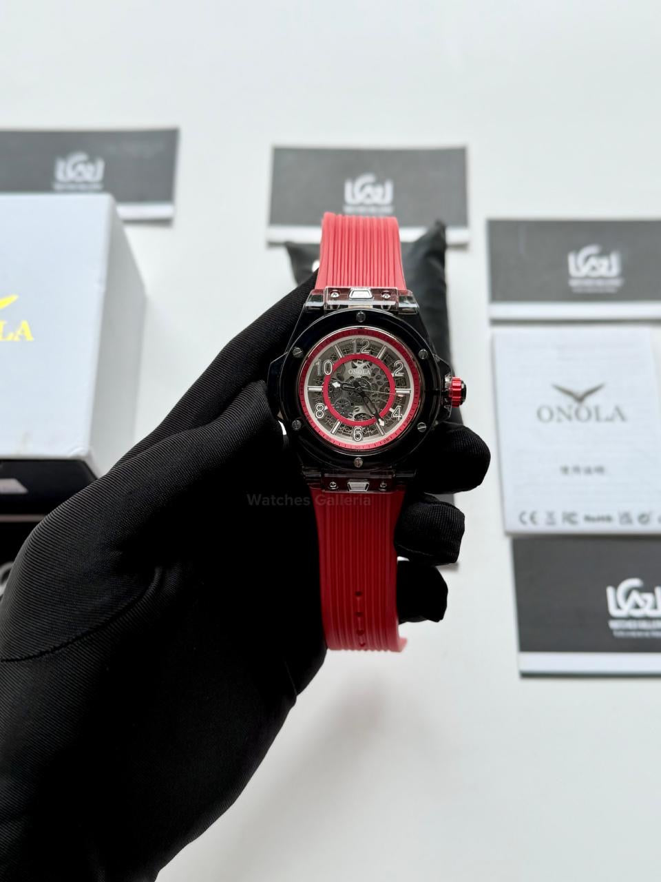 Onola ON3836 Oak Skeleton Red Black Automatic Watch – 49mm Transparent Dial, Bold Sport Design, Pakistan Edition