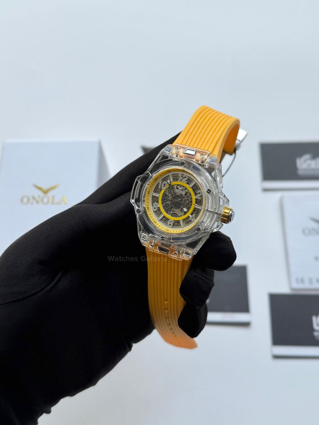 Onola ON3836 Oak Skeleton Yellow Automatic Watch – 49mm Transparent Dial, Bold Sport Design, Pakistan Edition