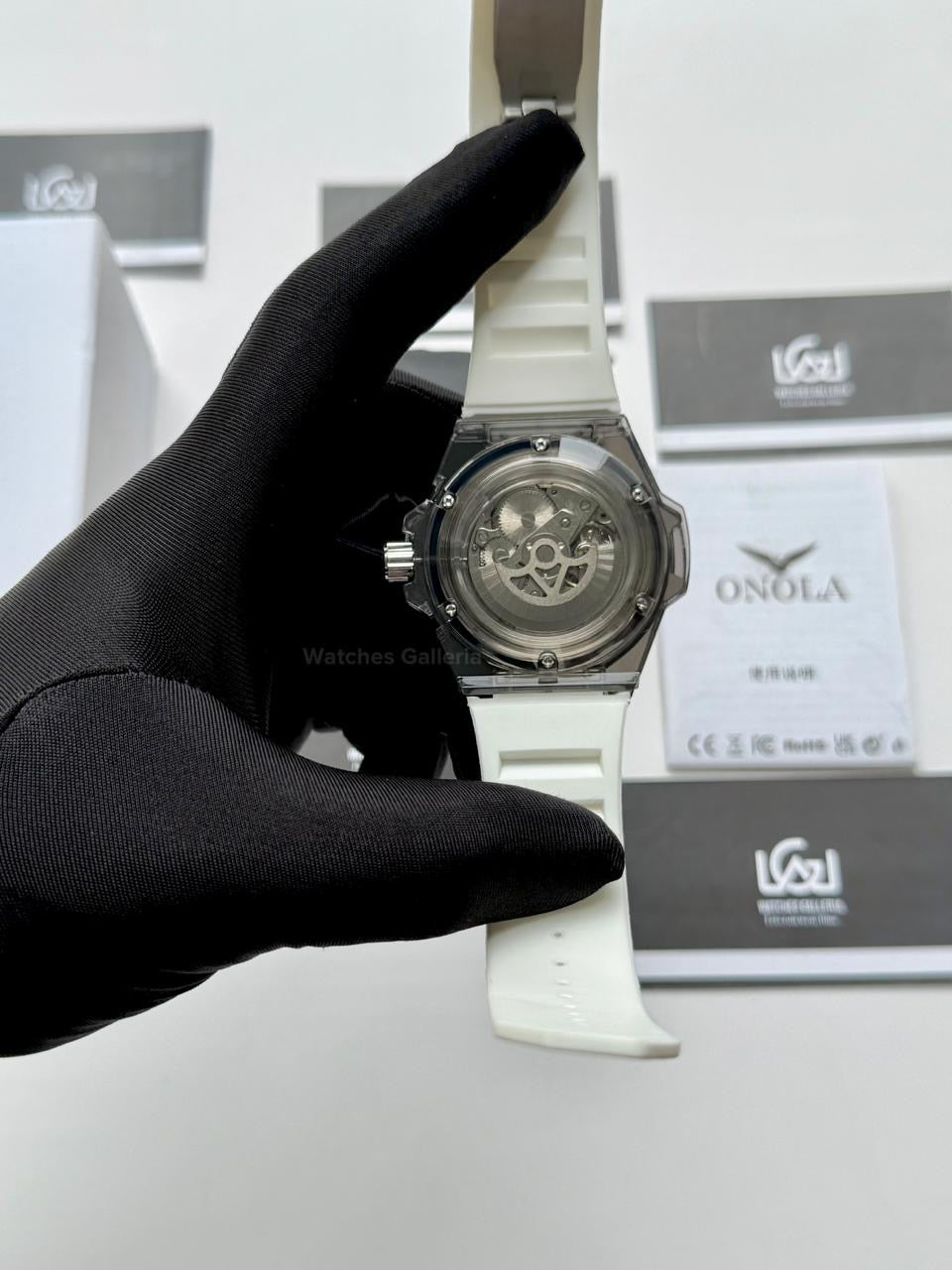 Onola ON3836 Oak Skeleton White Black Automatic Watch – 49mm Transparent Dial, Bold Sport Design, Pakistan Edition