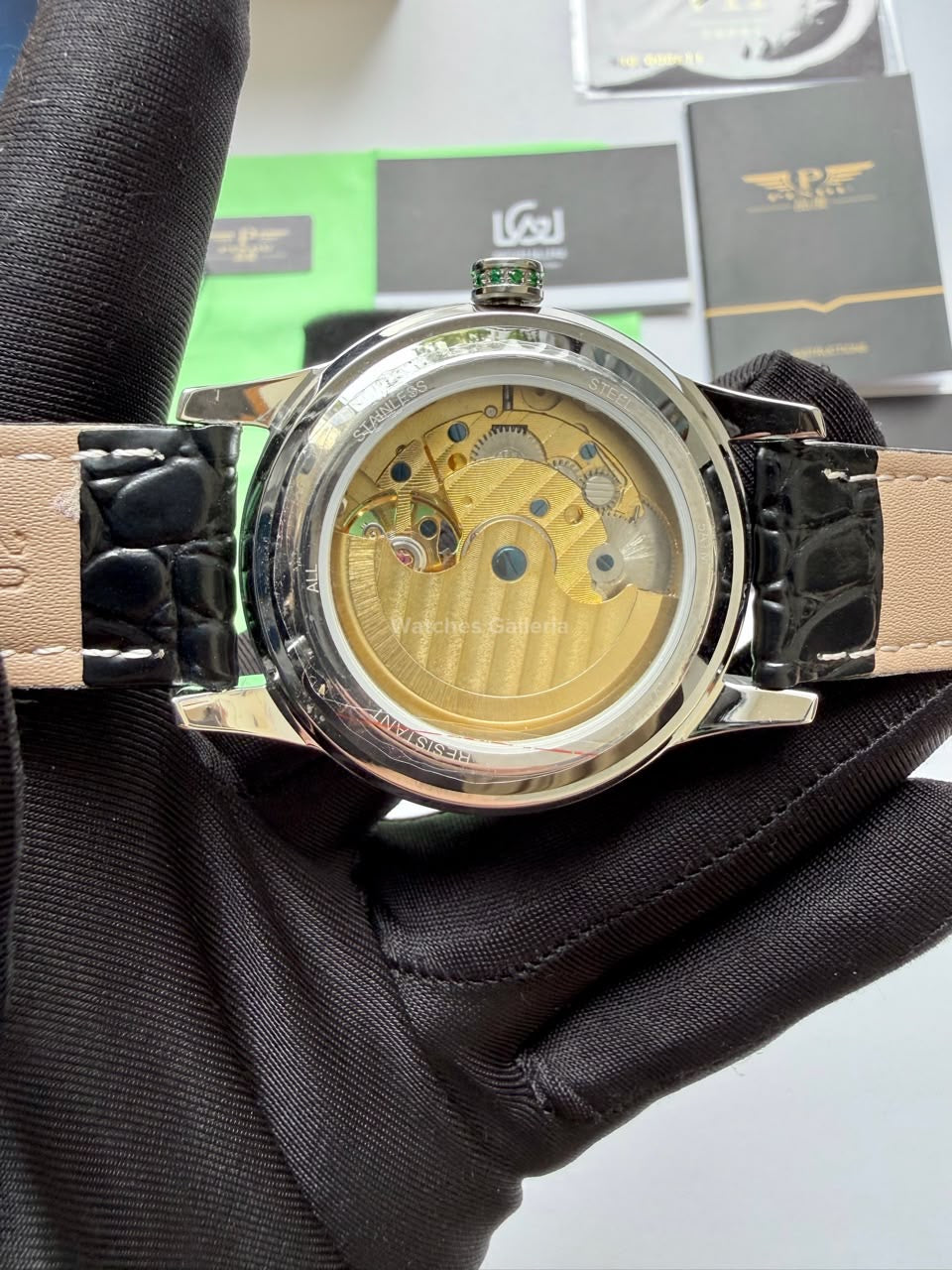 Pindu 5037 Green/Black LeatherDiamonds Hand Encrusted Diamond Automatic Tourbillon Watch for Men | Luxury Mechanical Watch | 43mm Stainless Steel Case