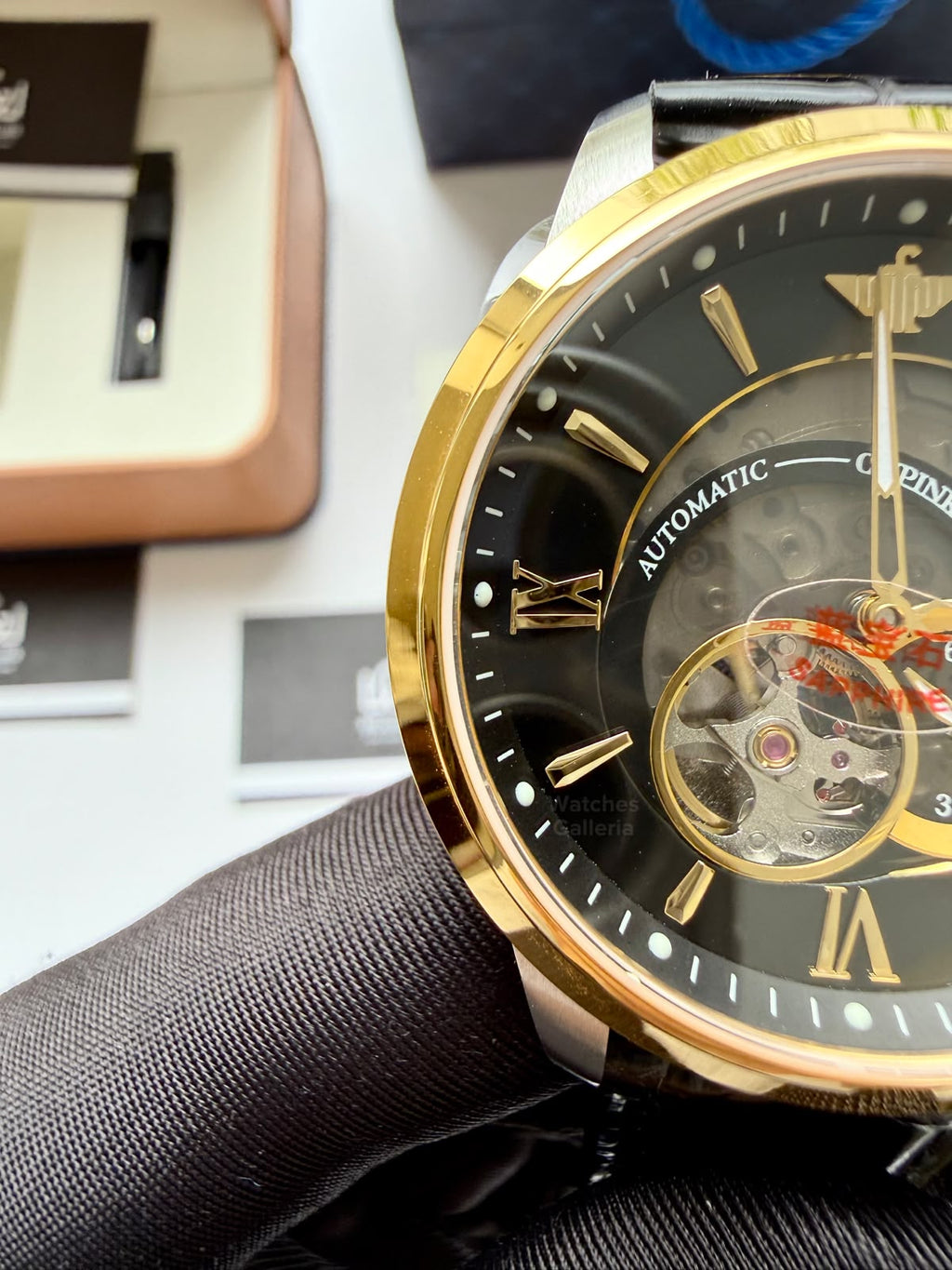 Oupinke G3190 (Black Leather) Open Heart Automatic Watch with Miyota 8215 Japanese Movement, Sapphire Crystal, Luminous Dial & Black Leather Strap