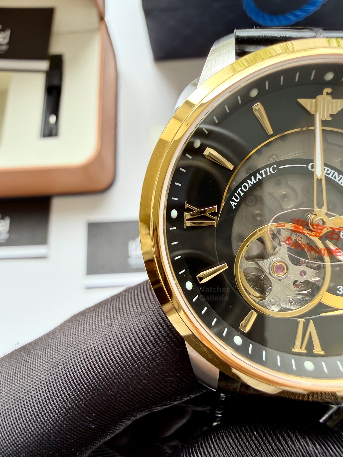Oupinke G3190 (Black Leather) Open Heart Automatic Watch with Miyota 8215 Japanese Movement, Sapphire Crystal, Luminous Dial & Black Leather Strap